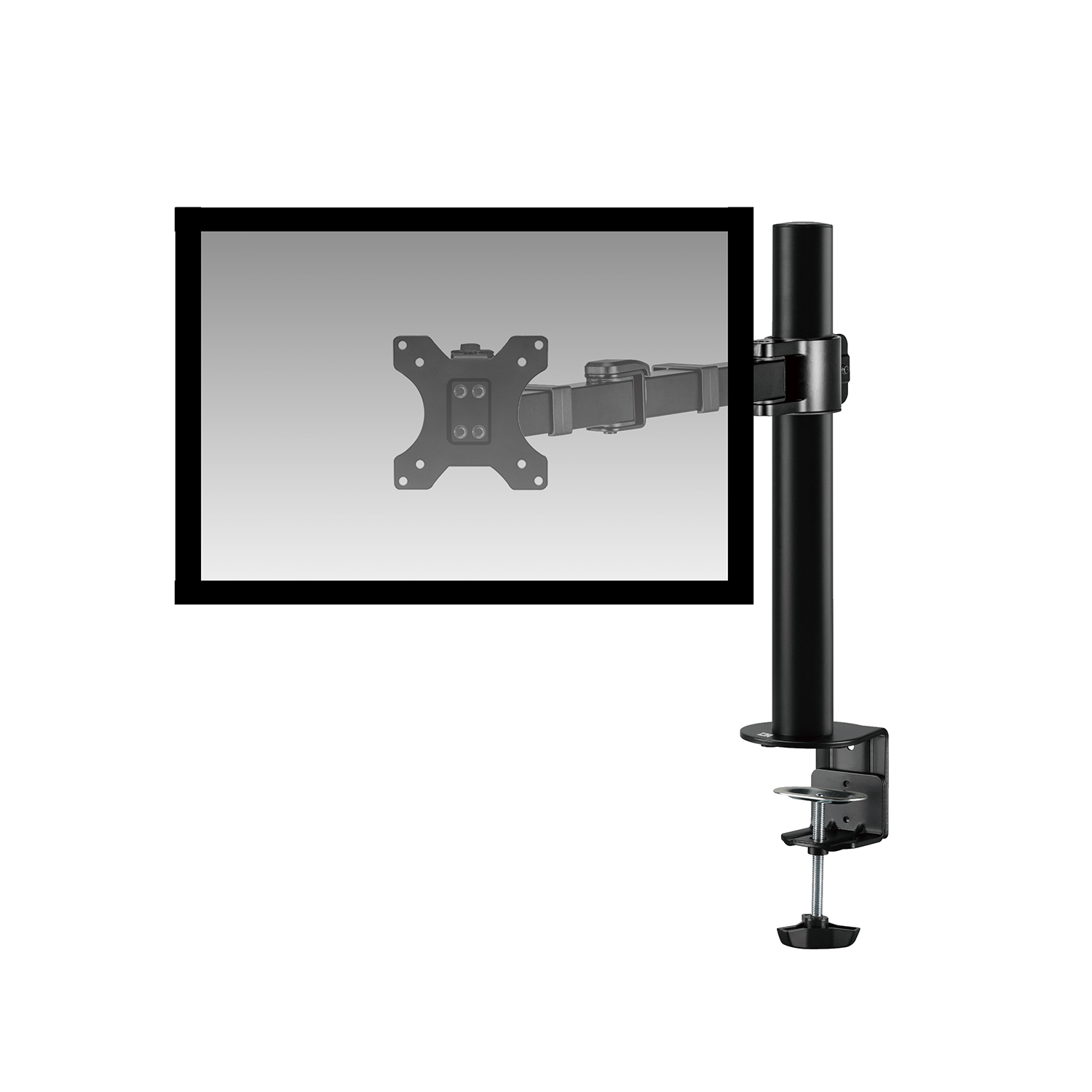 Monitor arm with a monitor attached. The arm is black, and the screen is gray.