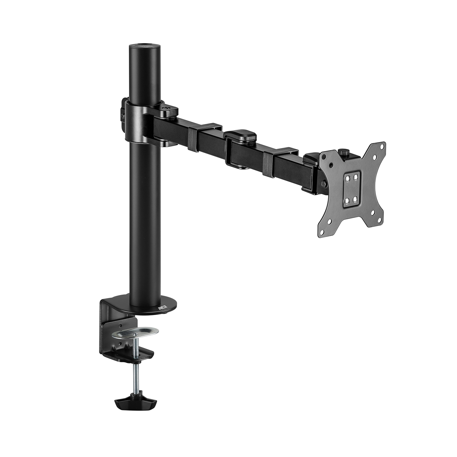 Black monitor arm attached to a clamp. The arm supports a small gray monitor.