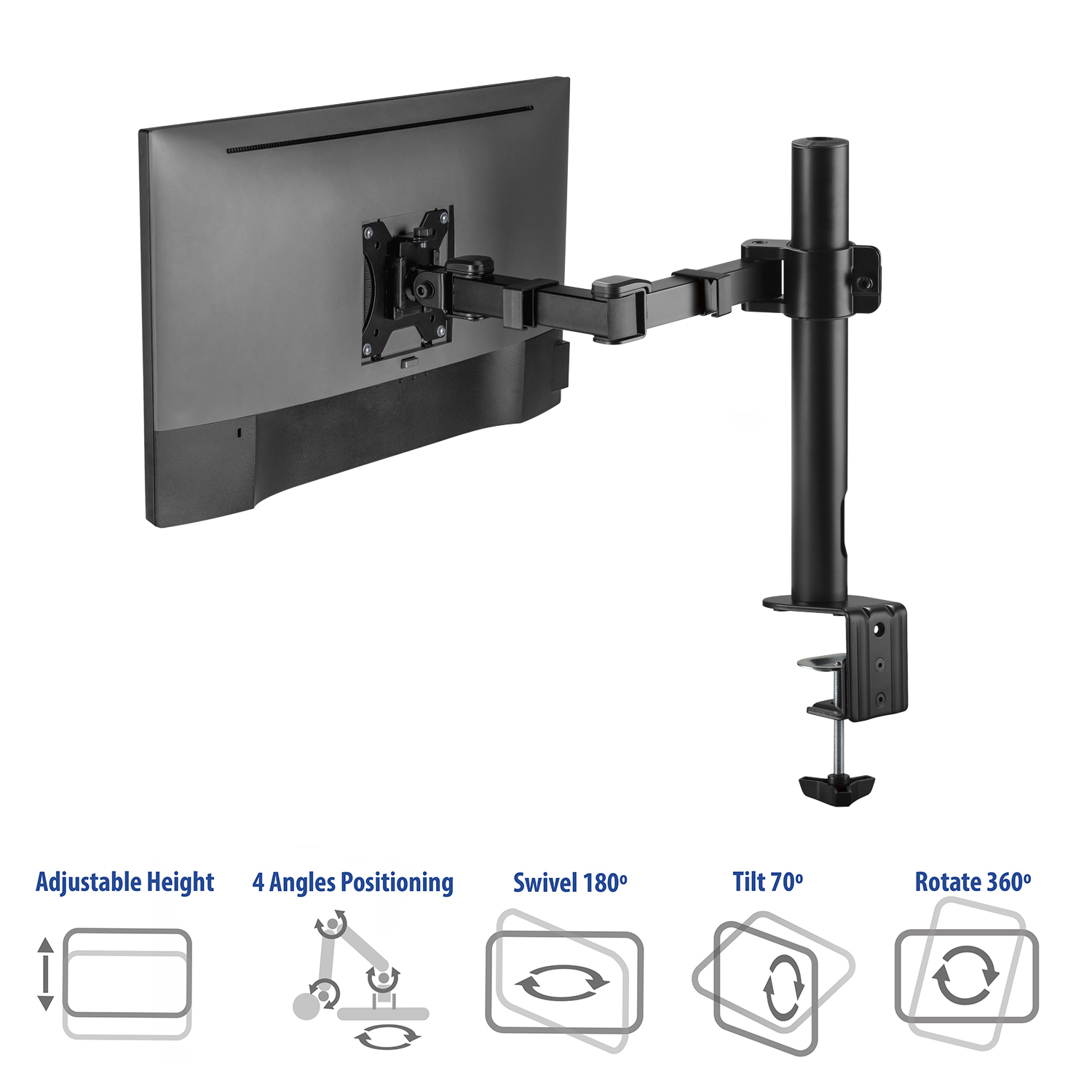 Black monitor on black stand, black arm, white background. Icons below the monitor