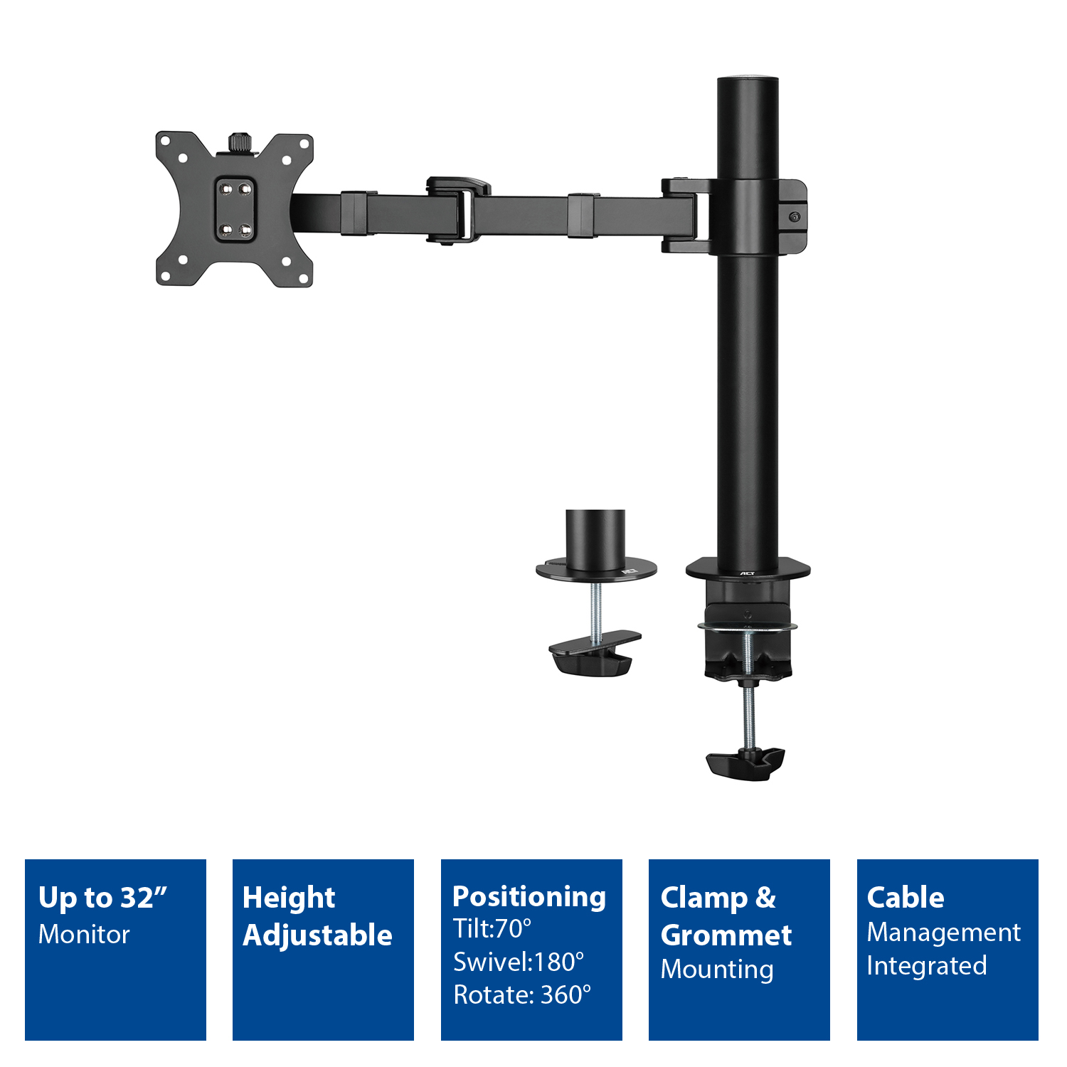 A black monitor arm with a monitor mount, and a clamp for desk mounting.