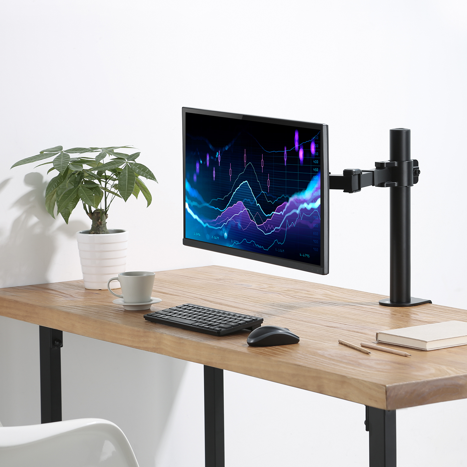 A computer monitor on a desk stand, displaying data graphs, with a keyboard and mouse.