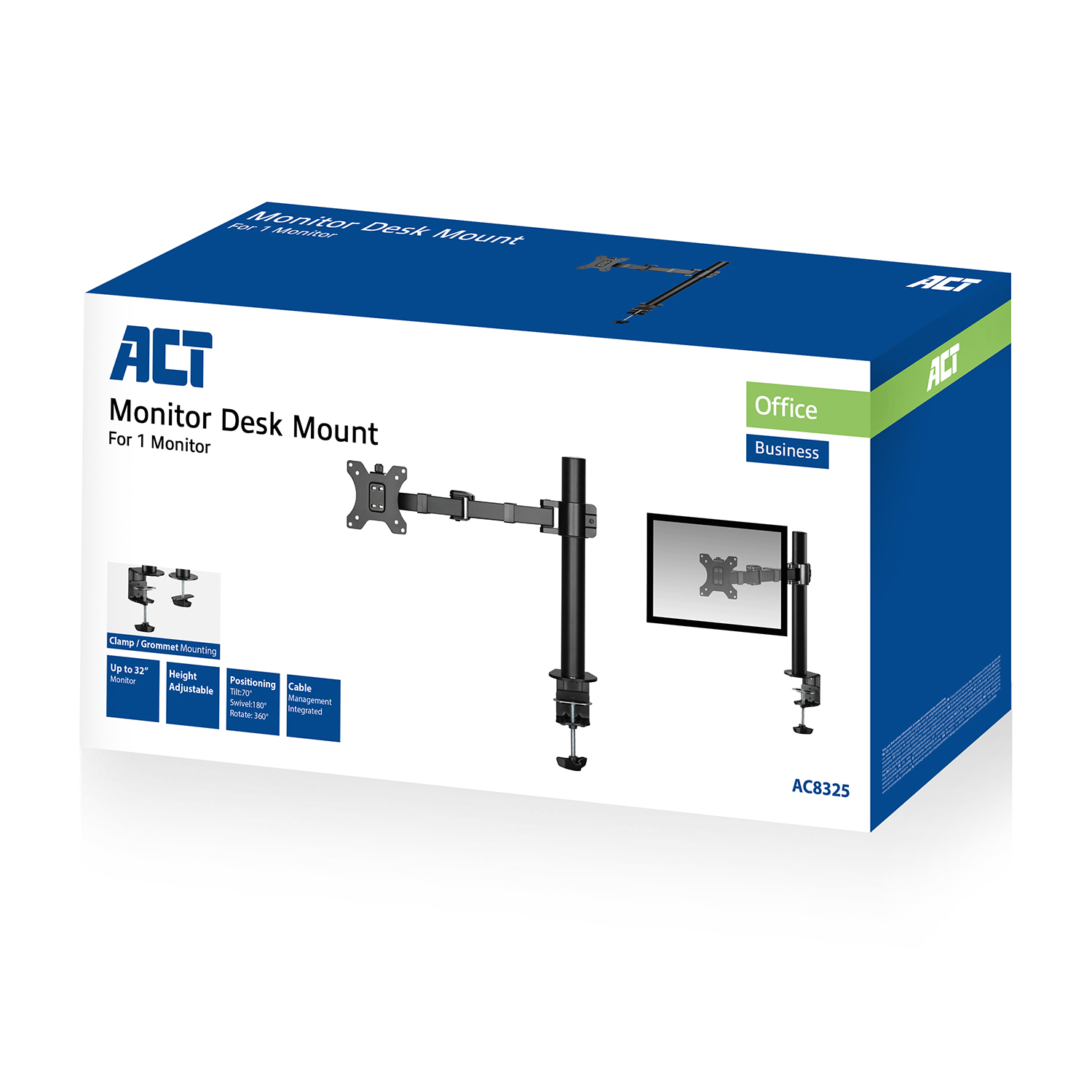Monitor desk mount box. Black mount, grey and white box. Text: For 1 monitor.