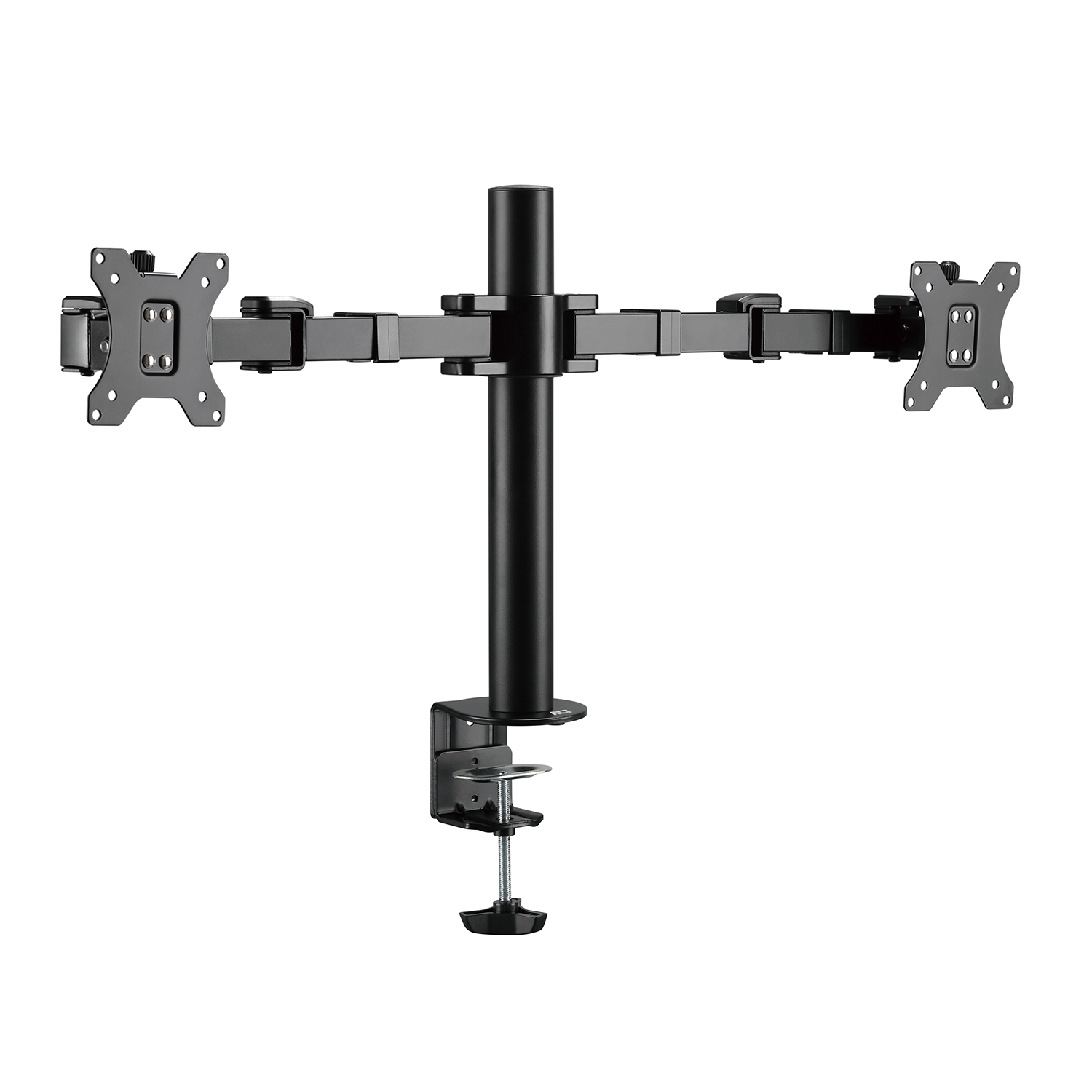 Dual monitor stand with a clamp, showing two monitors, a central pole, and adjustable arms.