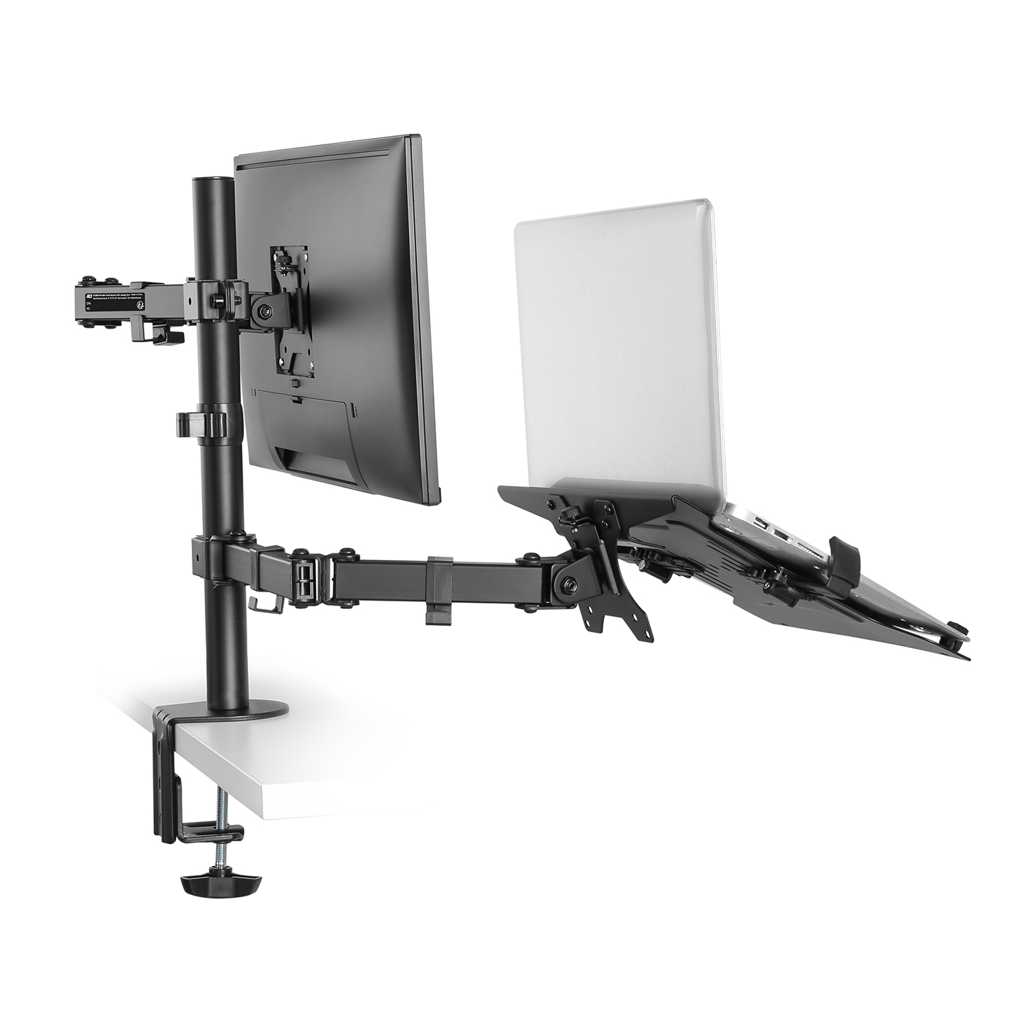 Dual monitor mount with one monitor and a laptop mount. It's on a white surface. Black and silver.