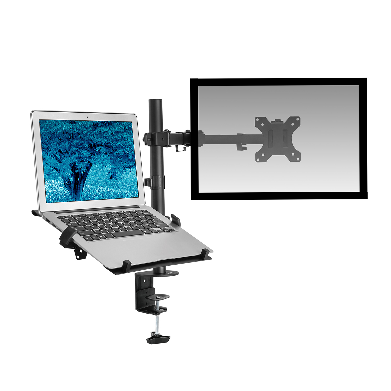Laptop mounted on a stand next to a monitor, with a clamp at the bottom.