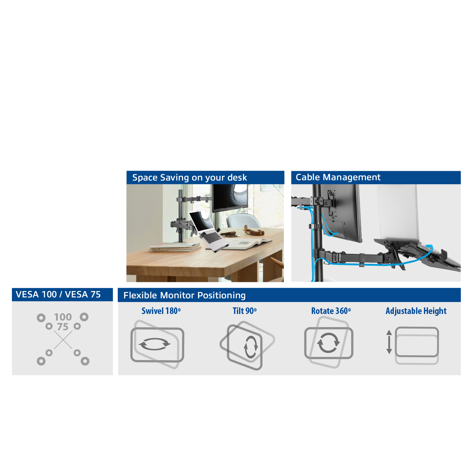 Image shows various monitor stand options. There is a desk with a laptop, and a monitor stand with two monitors.