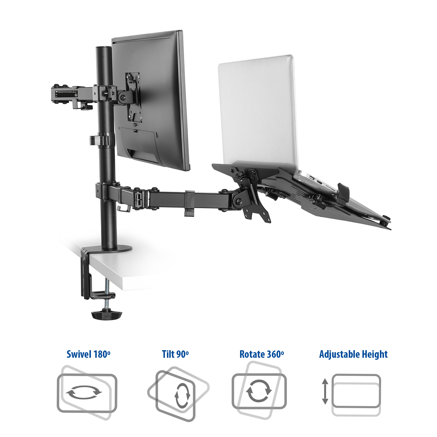 Monitor stand with a monitor and a laptop. The stand allows swivel, tilt, and rotation.