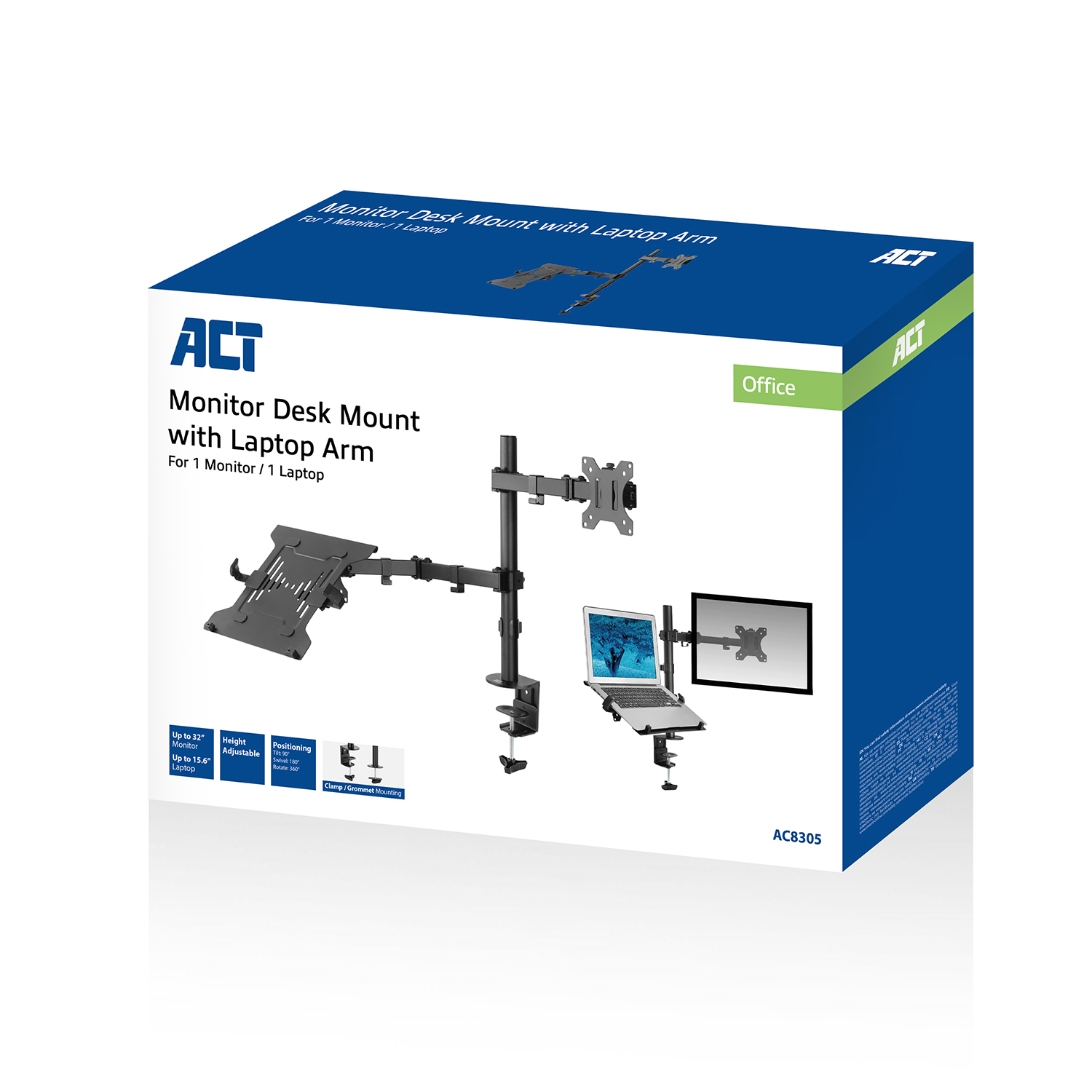 Box for a monitor desk mount with laptop arm. Features product illustrations and text details.
