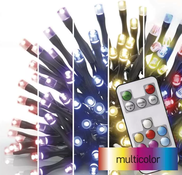 Közelkép többszínű LED-es lámpákról és egy távirányítóról. A lámpák különböző színeket mutatnak, 'multicolor' felirattal.