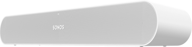 Egy fehér soundbar hangszóró fehér felületen, a SONOS logóval.