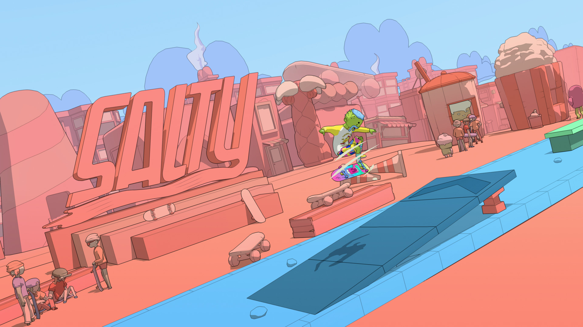 Scène de dessin animé d'un skateur sautant une rampe. Le mot "SALTY" est affiché. La scène est orange et bleue.