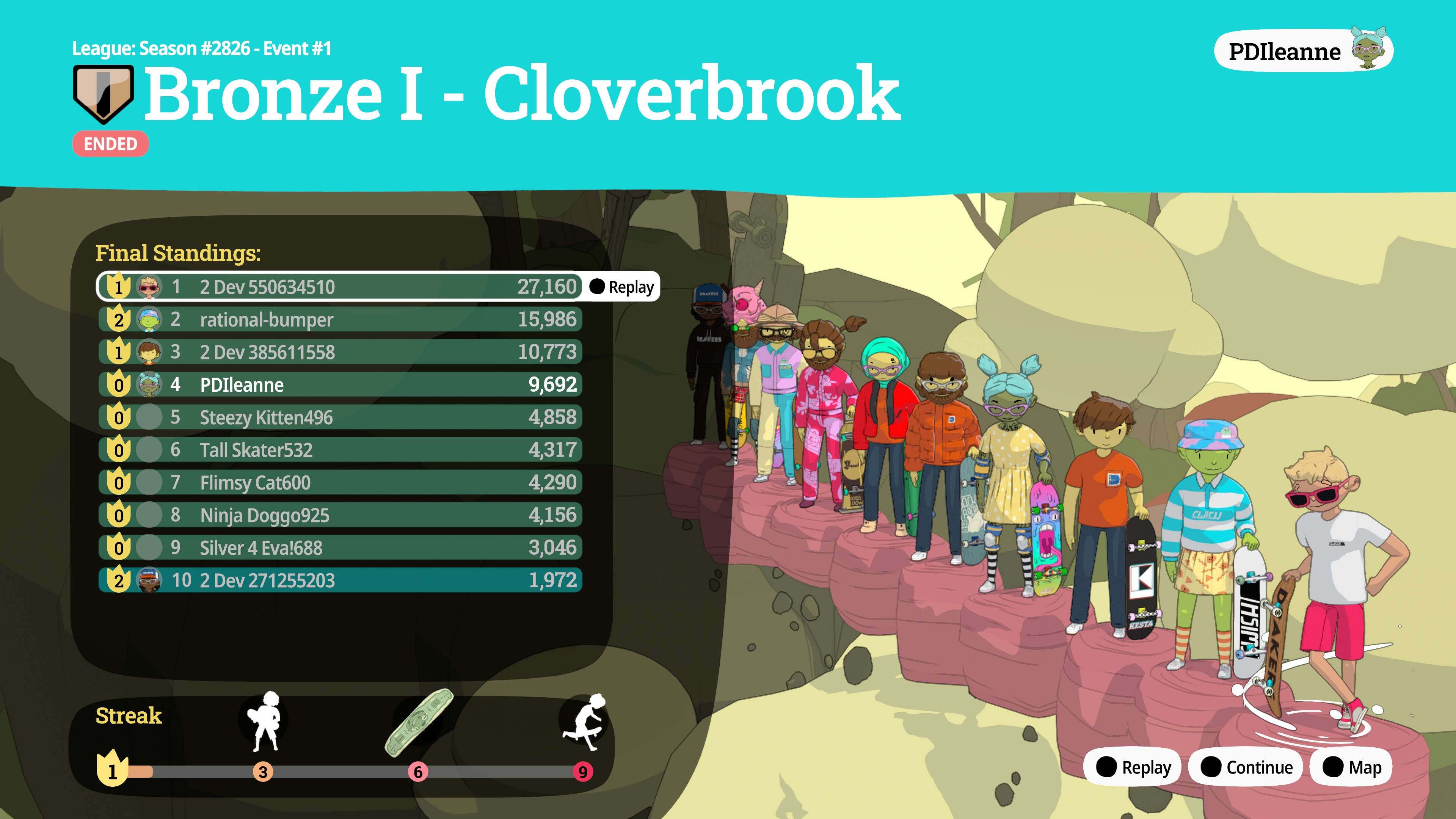 Un écran de jeu vidéo affichant le classement Bronze I Cloverbrook. Les joueurs sont alignés sur un chemin coloré.