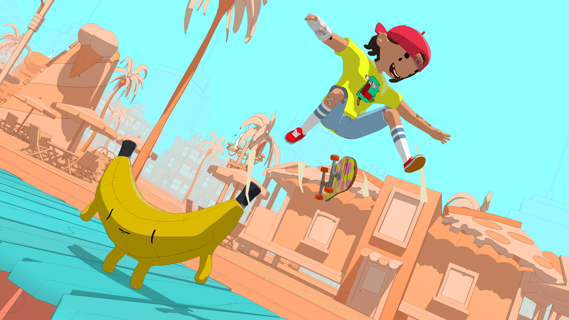 Zeichentrickszene: Ein Skater springt, eine Banane und Cartoon-Gebäude im Hintergrund.