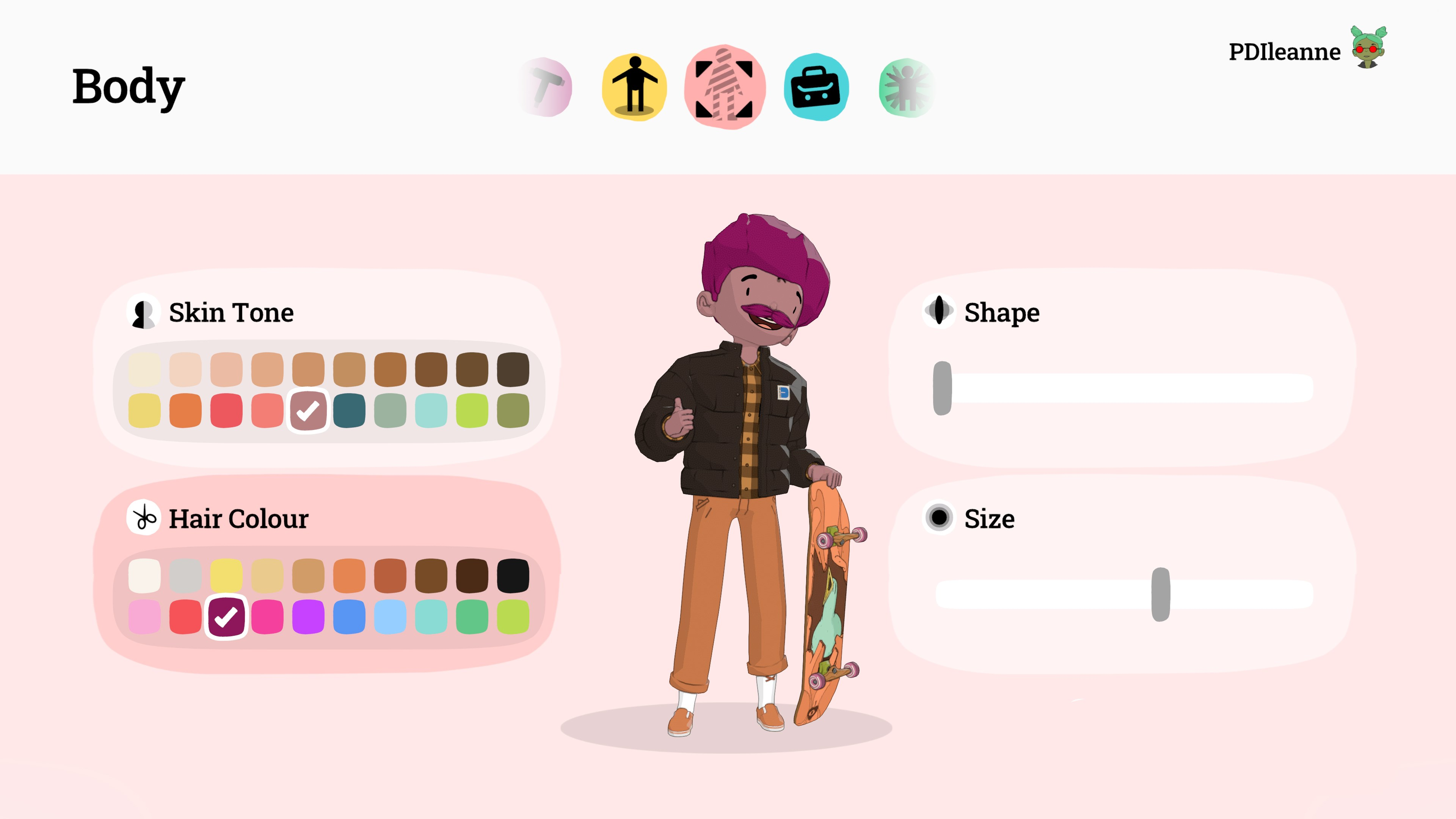 Illustration eines Charakters, der seinen Avatar mit Hautton, Haarfarbe und Form anpasst.