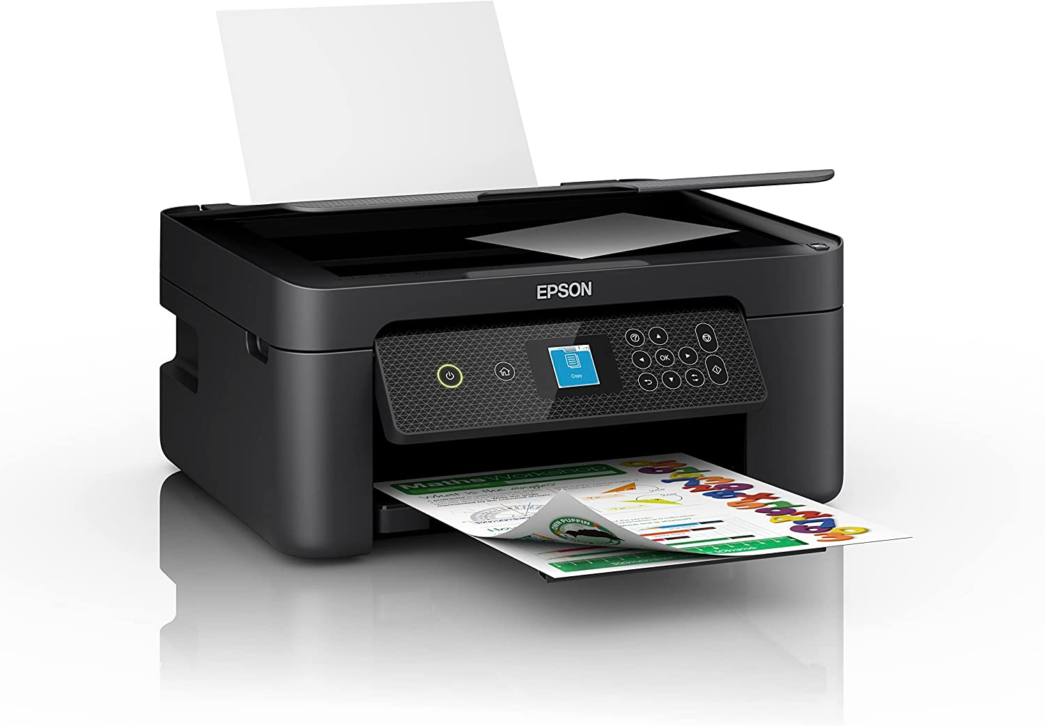 Una impresora Epson con dos bandejas y una hoja de papel.