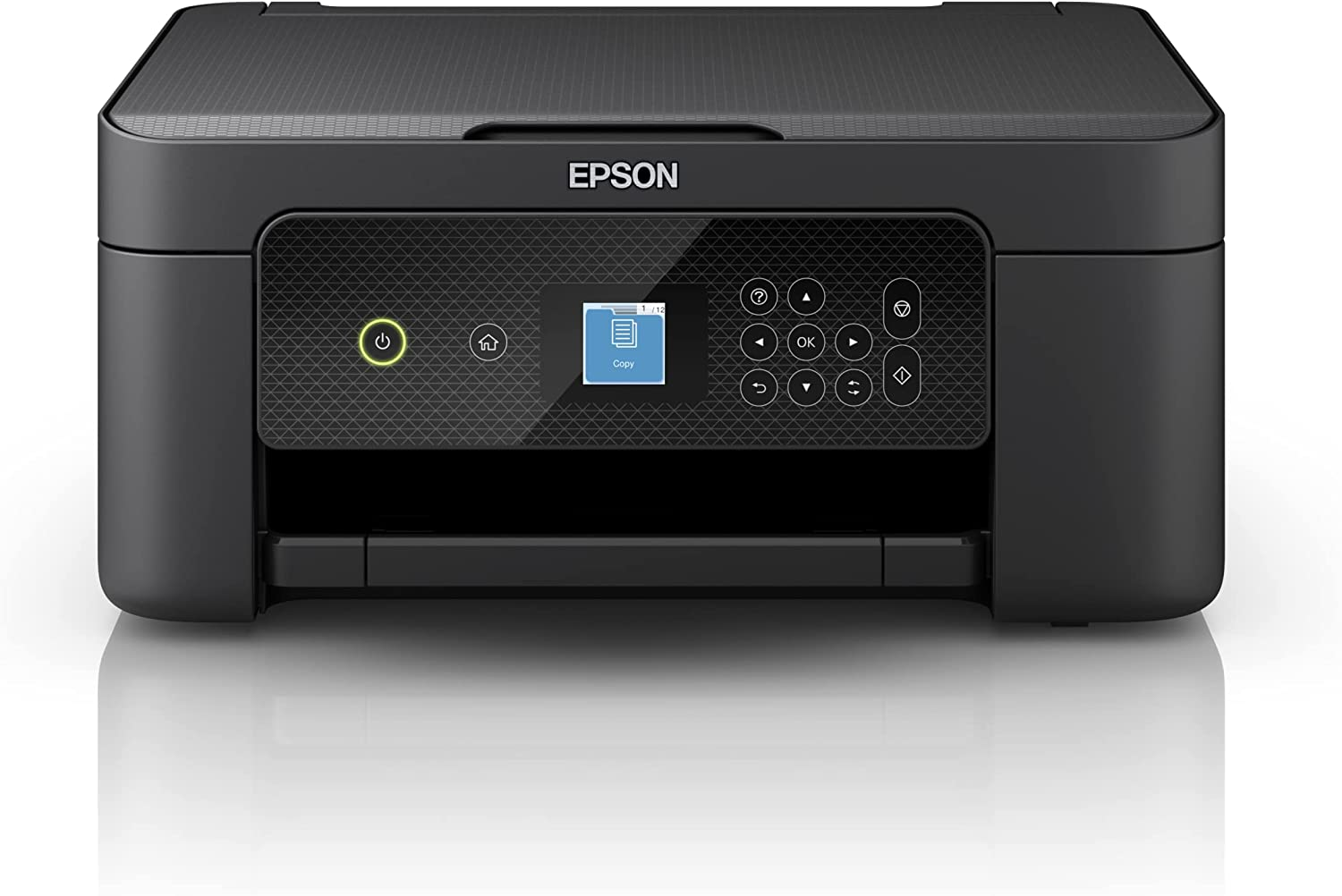 Impresora Epson negra, vista frontal. Tiene botón encendido, pantalla y botones de función.
