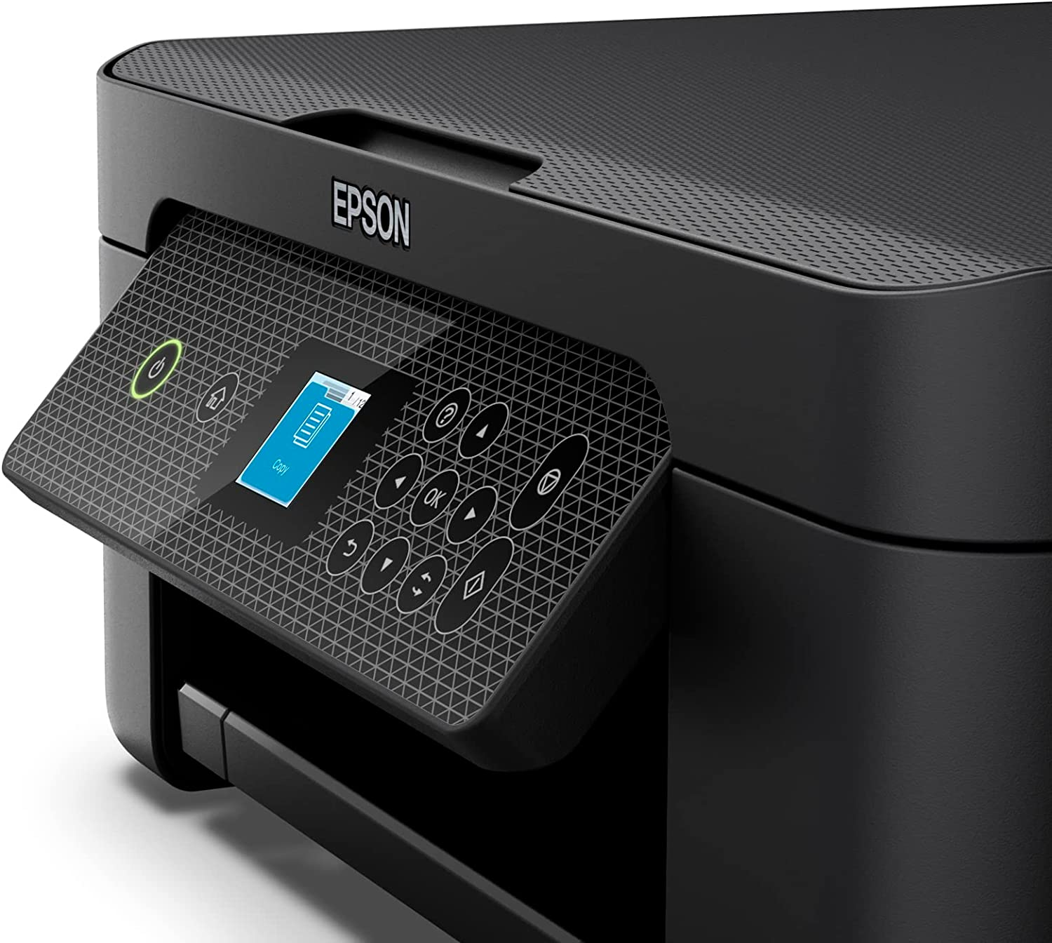 Una impresora Epson negra con un panel de control que muestra una pantalla y botones.