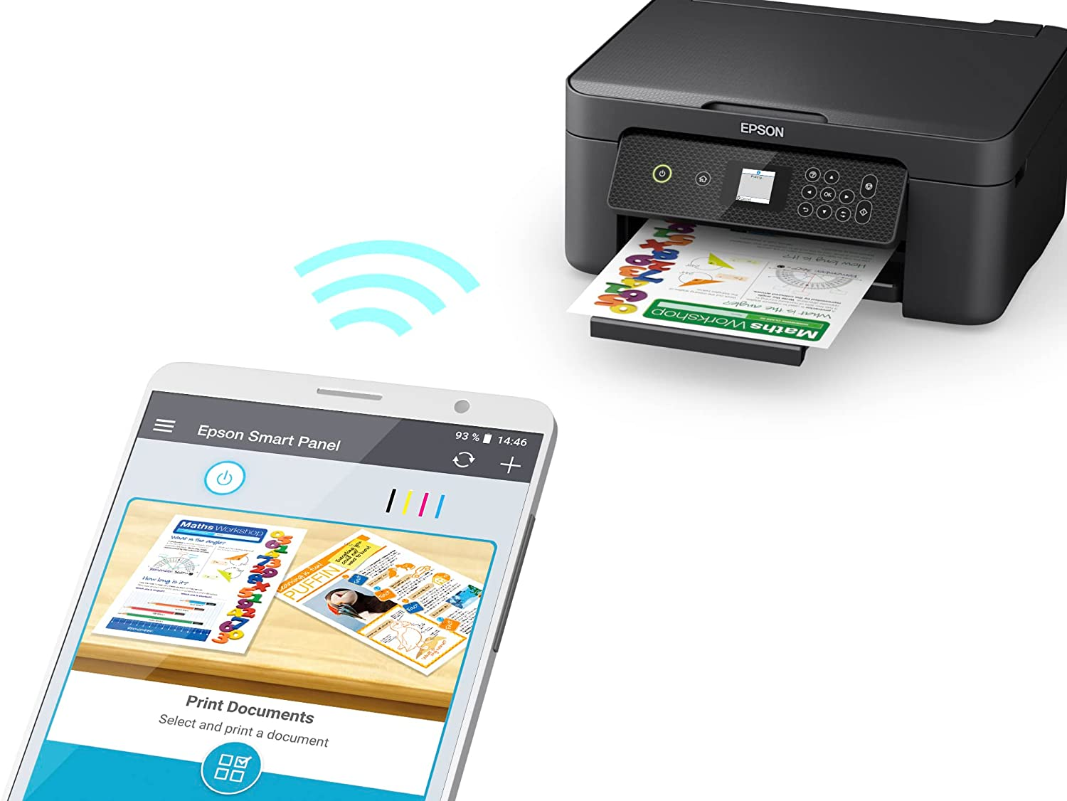 Impresora Epson imprimiendo documento colorido. Smartphone muestra el mismo documento.