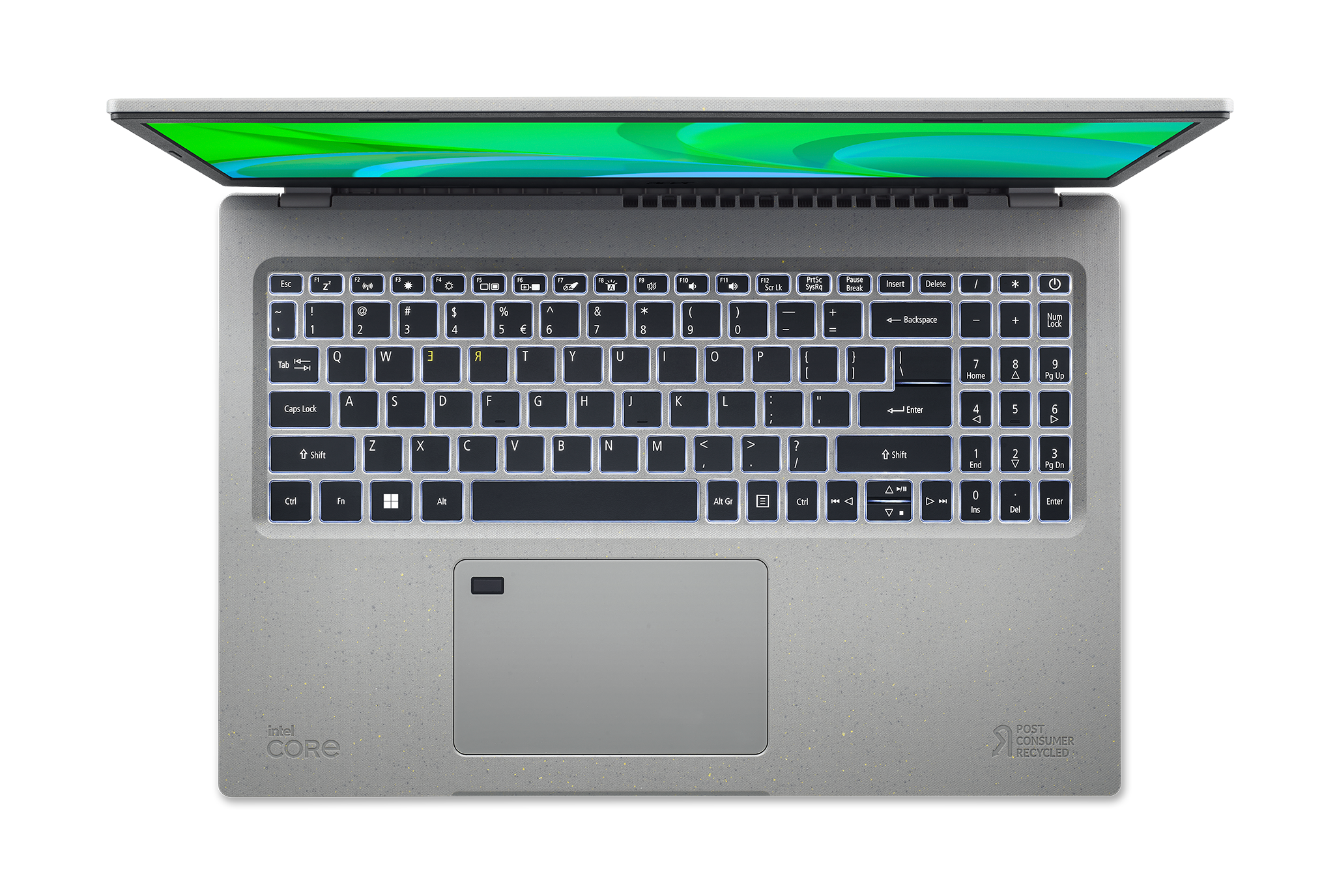 Ordenador portátil desde arriba, mostrando un teclado y un panel táctil. La pantalla está encendida y muestra verde.
