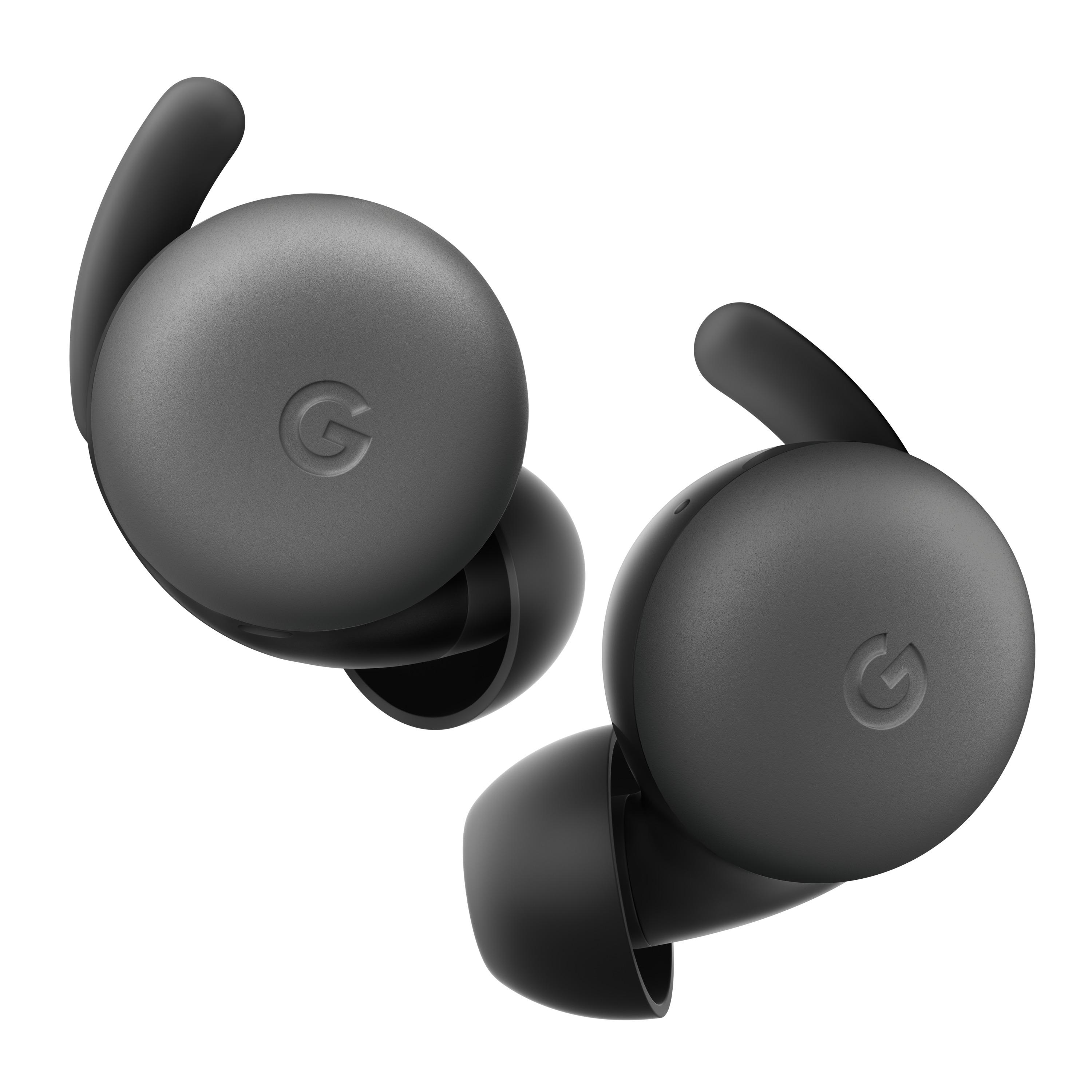 Zwei graue Google Pixel Buds. Der Ohrhörer und der Ohransatz sind deutlich sichtbar.