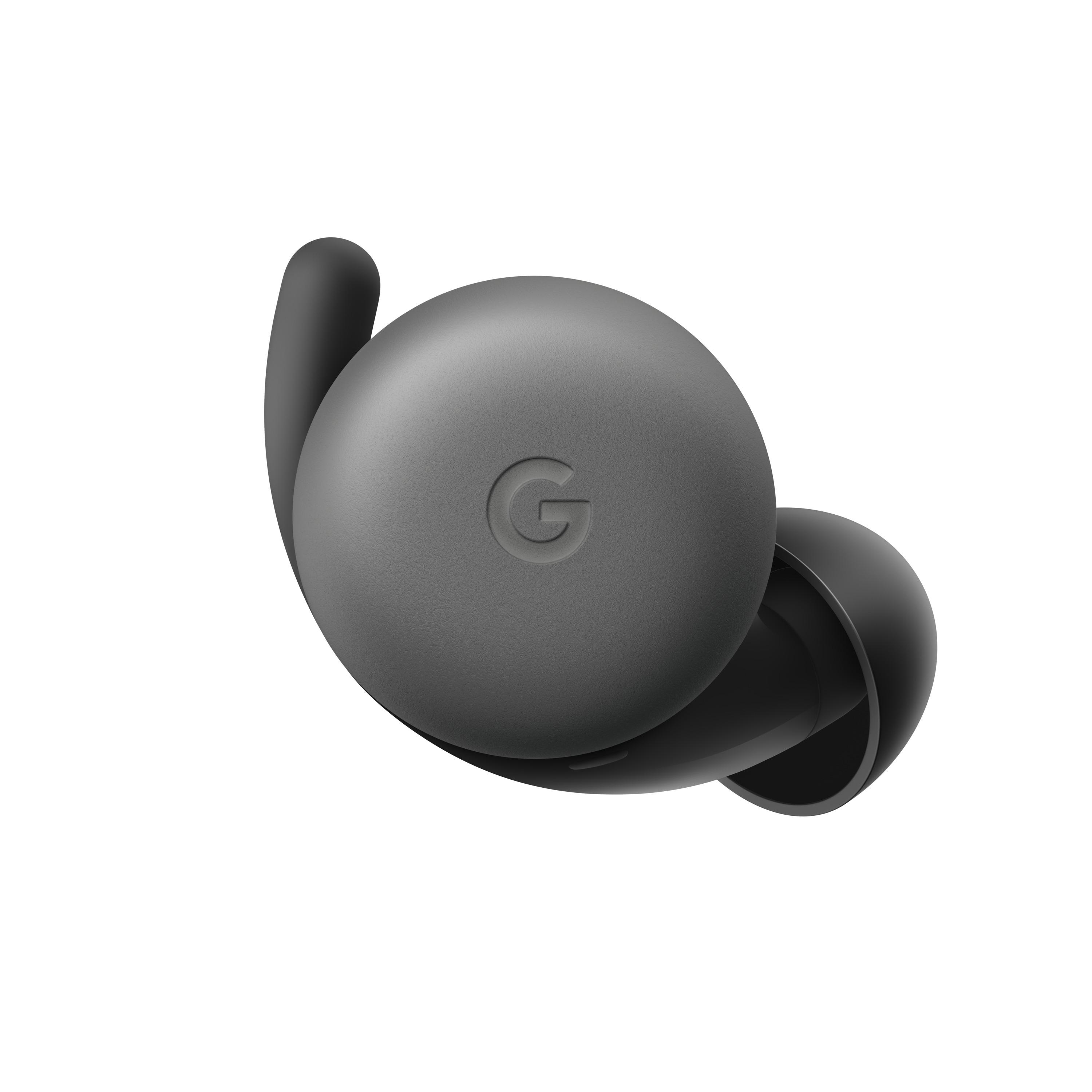 Ein Paar graue kabellose Ohrhörer mit dem Google-Logo auf einem, isoliert auf weißem Hintergrund.