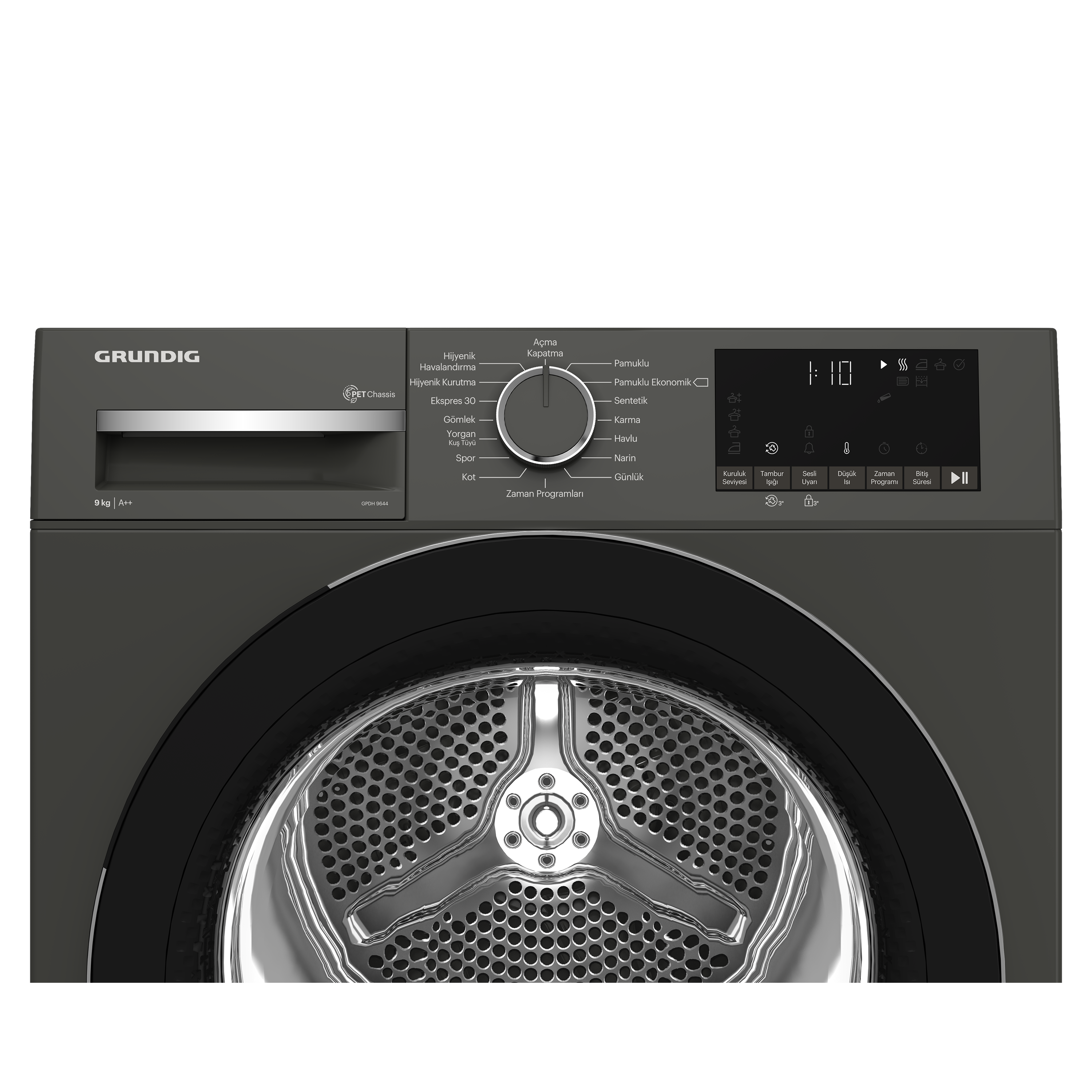 Dairesel kadranlı siyah bir çamaşır makinesi kontrol paneli. Grundig yazıyor.