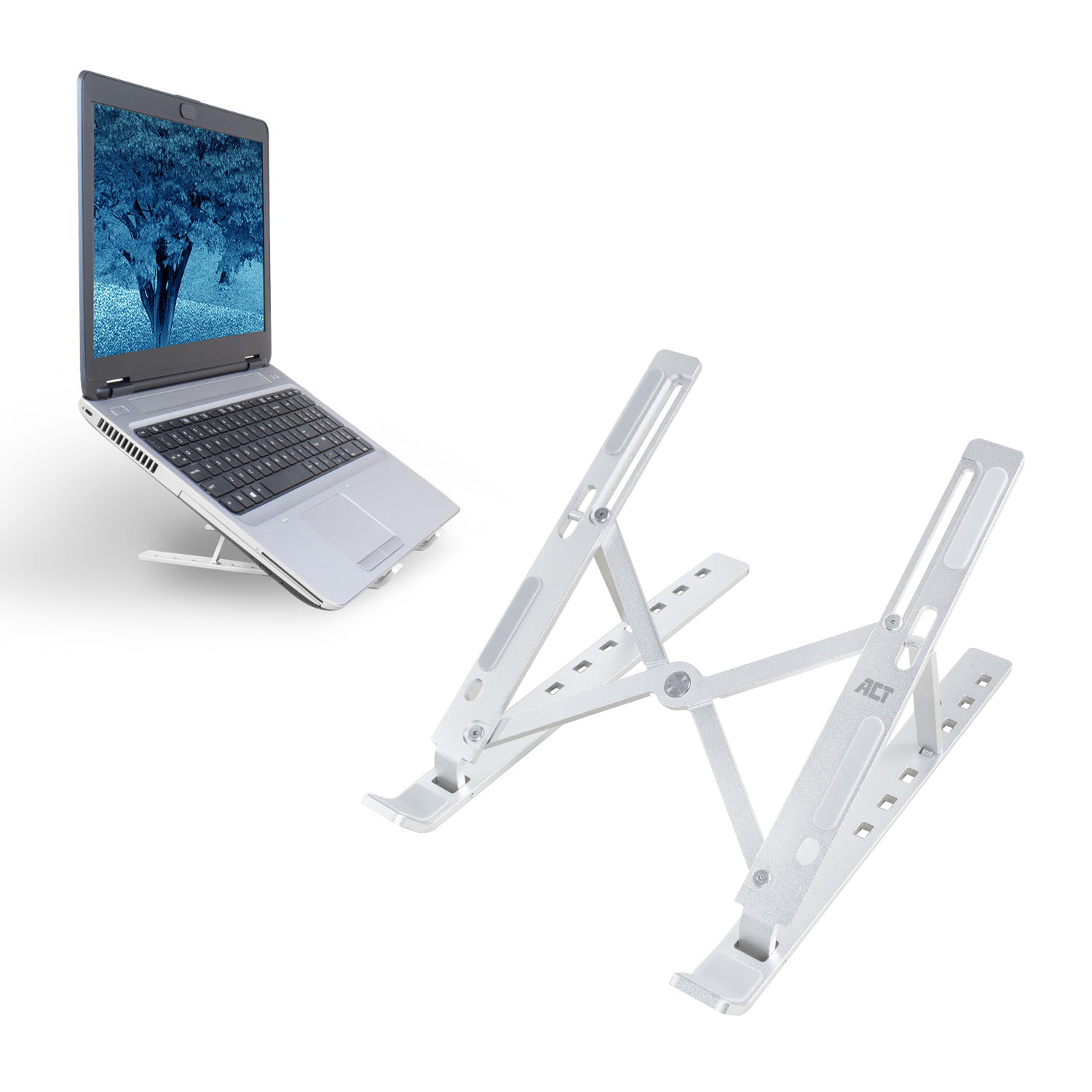 A laptop on a silver stand and a separate silver stand are shown on white background.