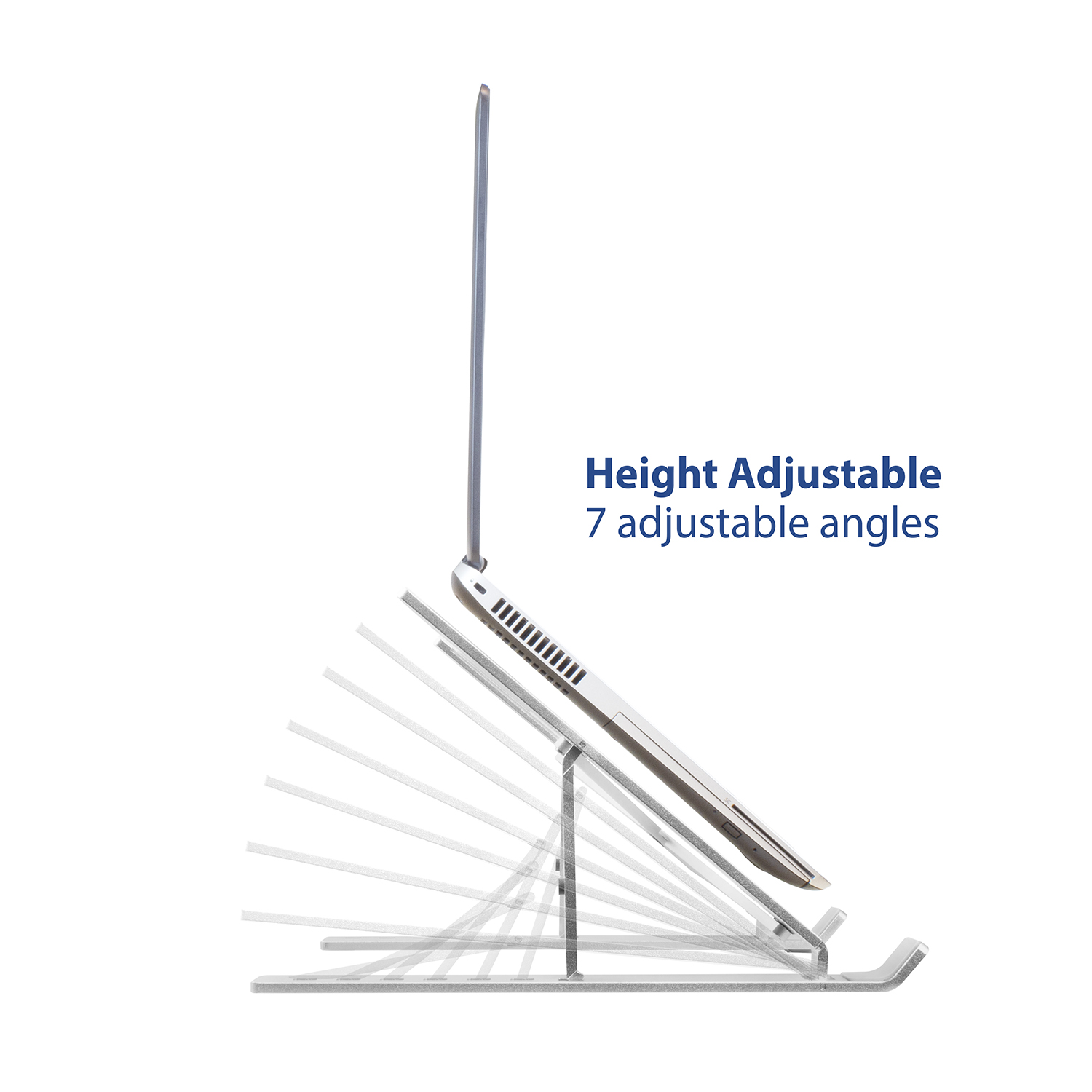 Laptop on a stand with adjustable angles. White background.