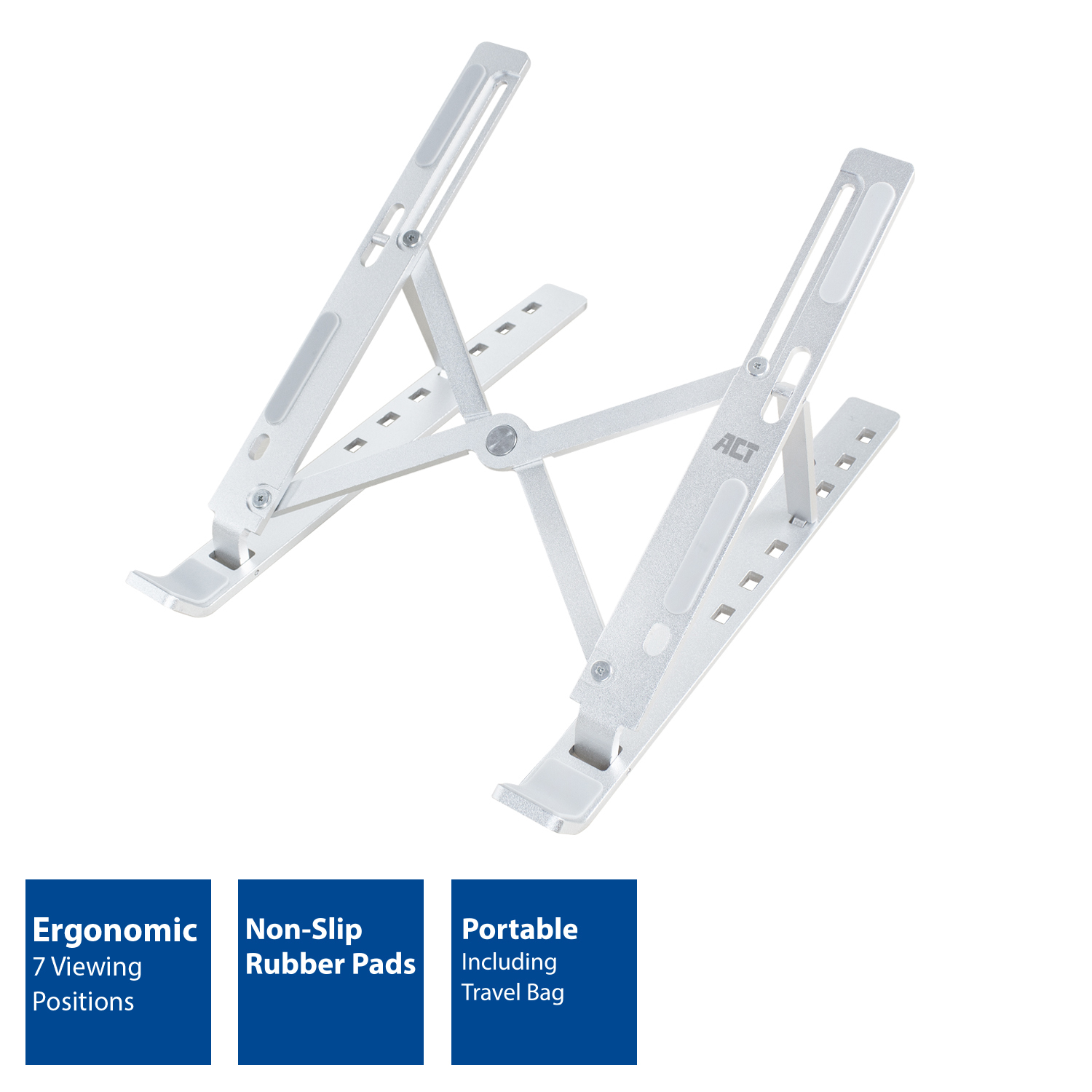 Silver laptop stand. It has non-slip rubber pads and is portable.