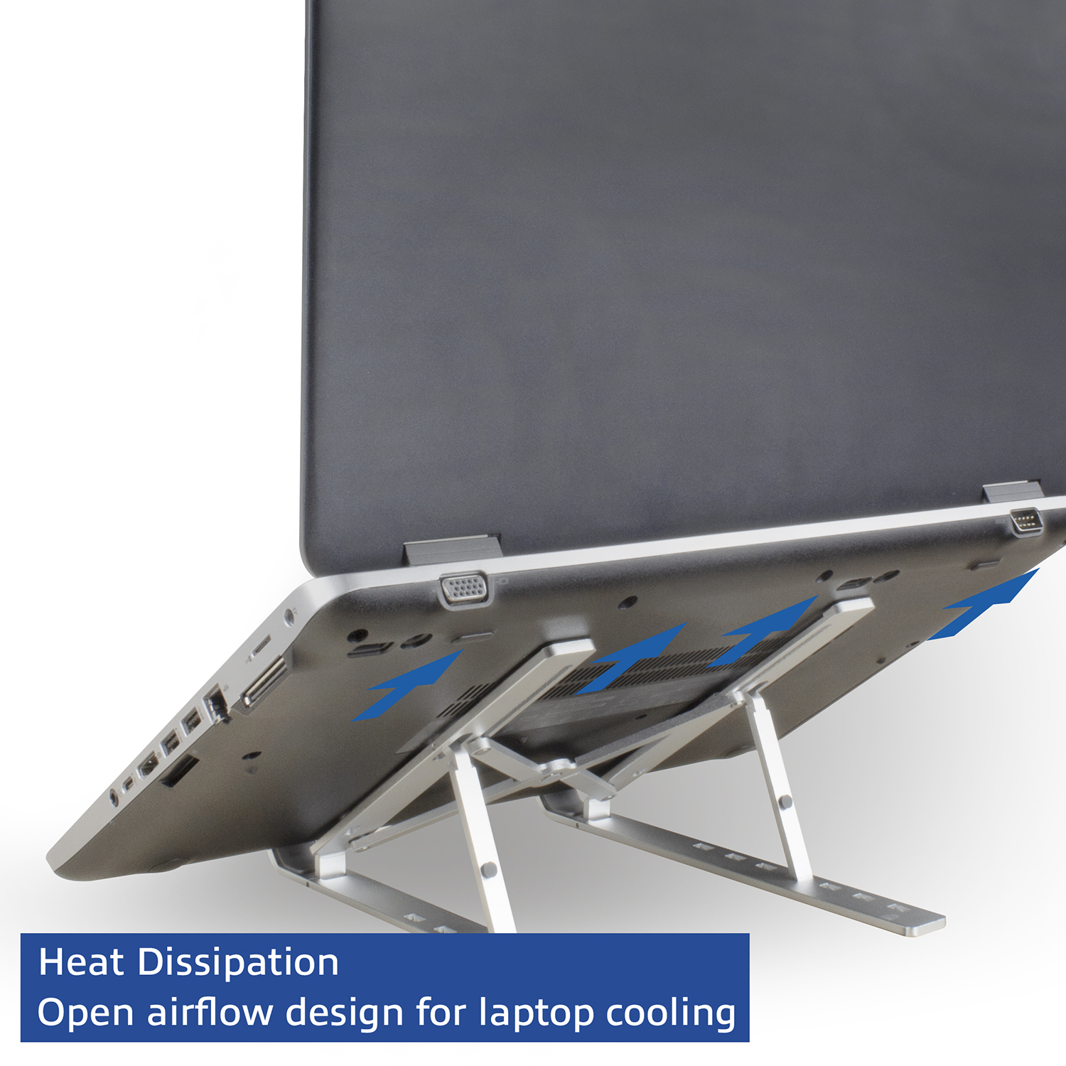 Laptop on a silver stand, with blue arrows indicating airflow direction.