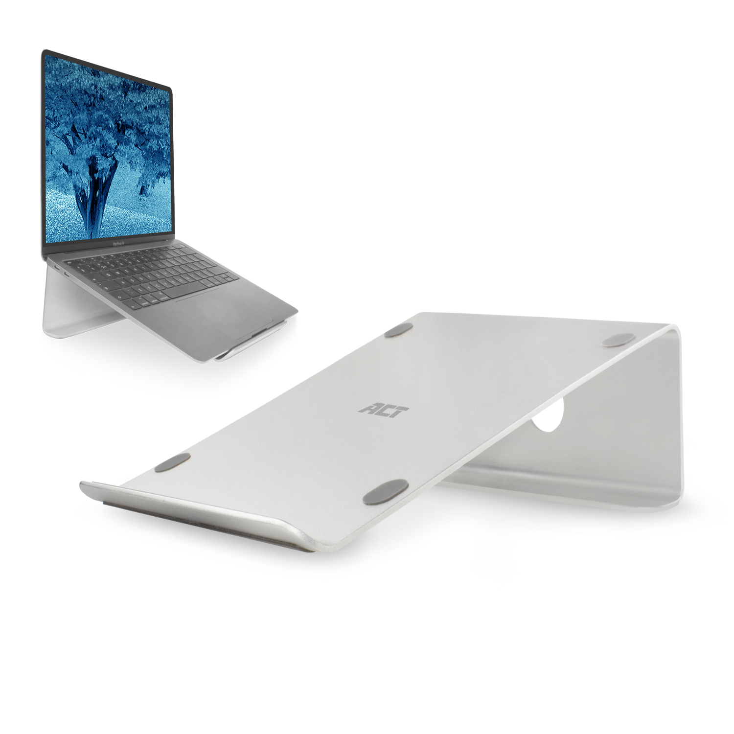 Silver laptop stand with a laptop, showing the stand's design and a laptop on it.