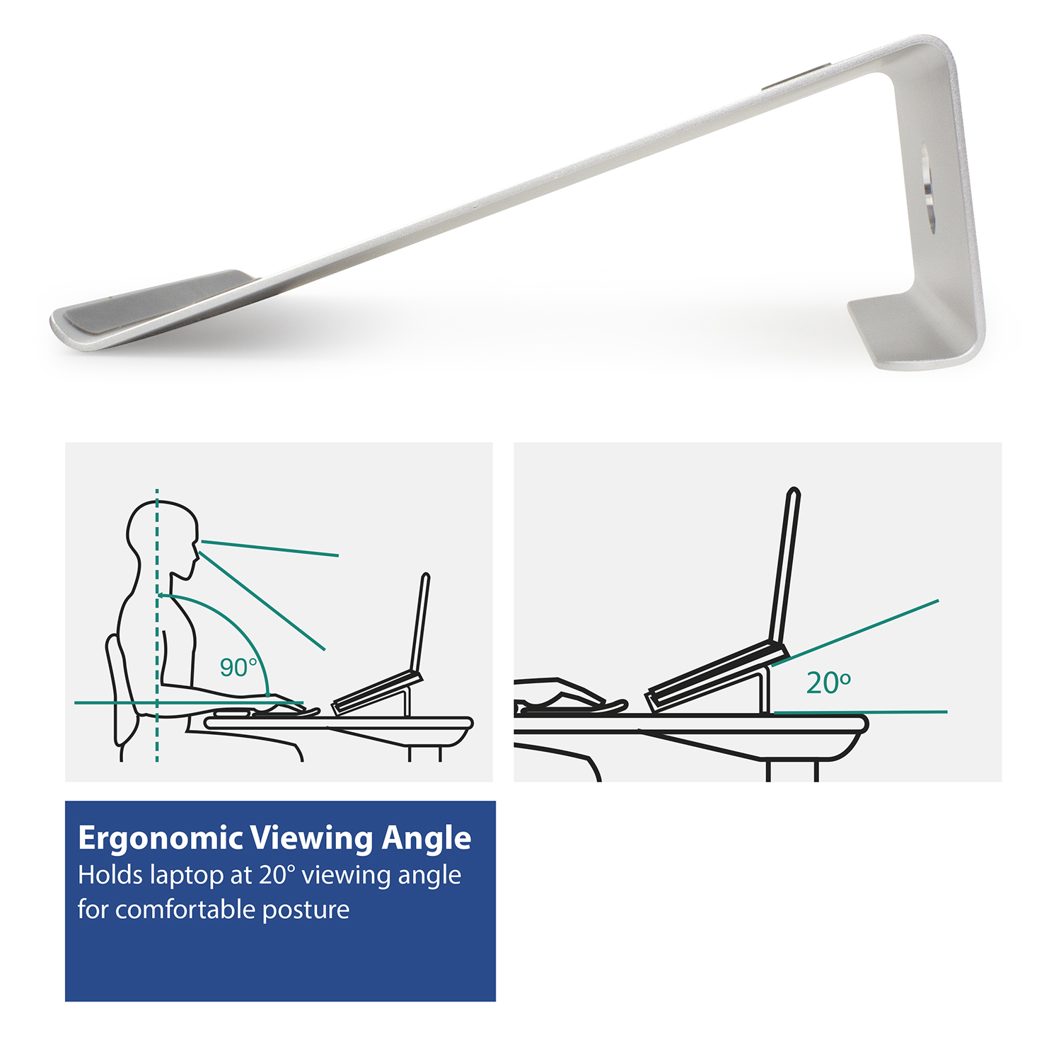 Silver laptop stand with two diagrams showcasing the ergonomic viewing angle.