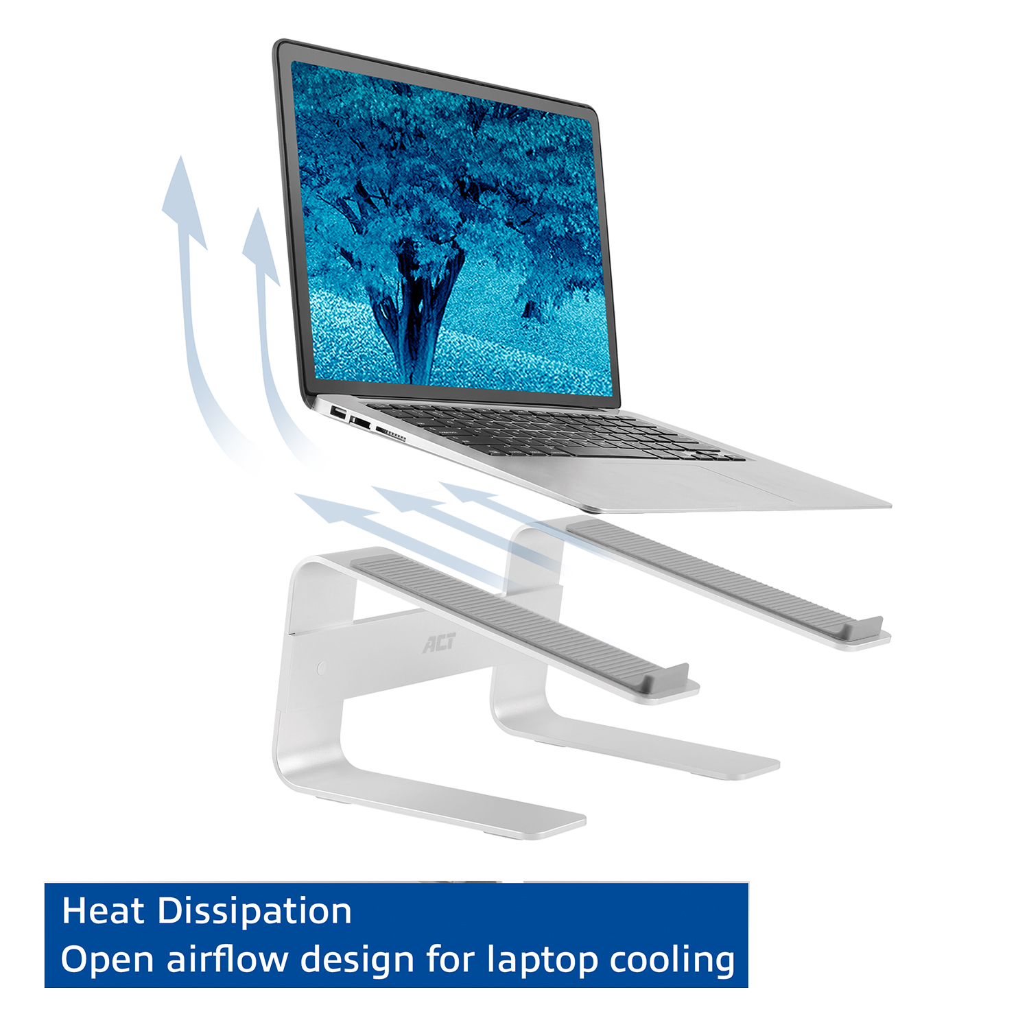Laptop on a silver stand. Airflow design is shown.