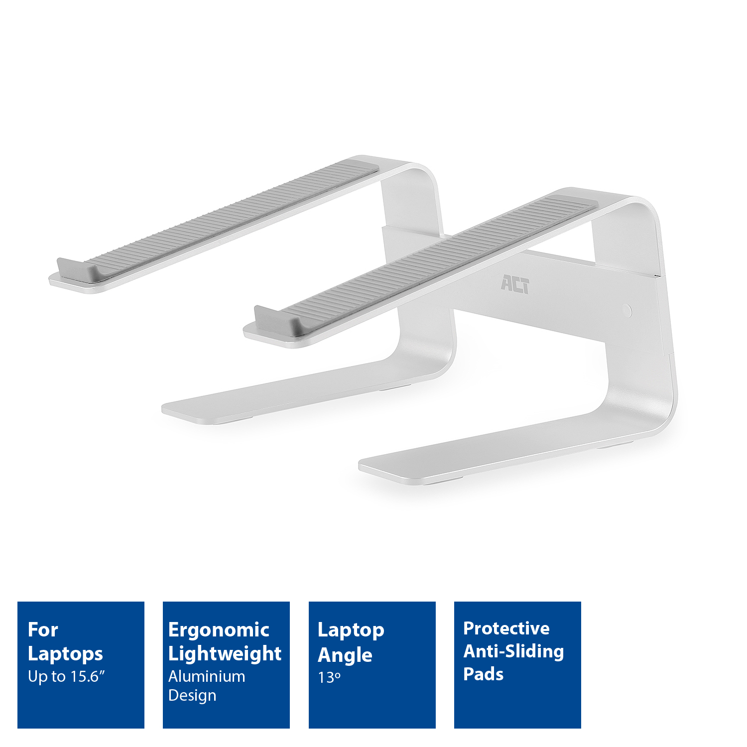 Silver laptop stand with two rests and text labels.