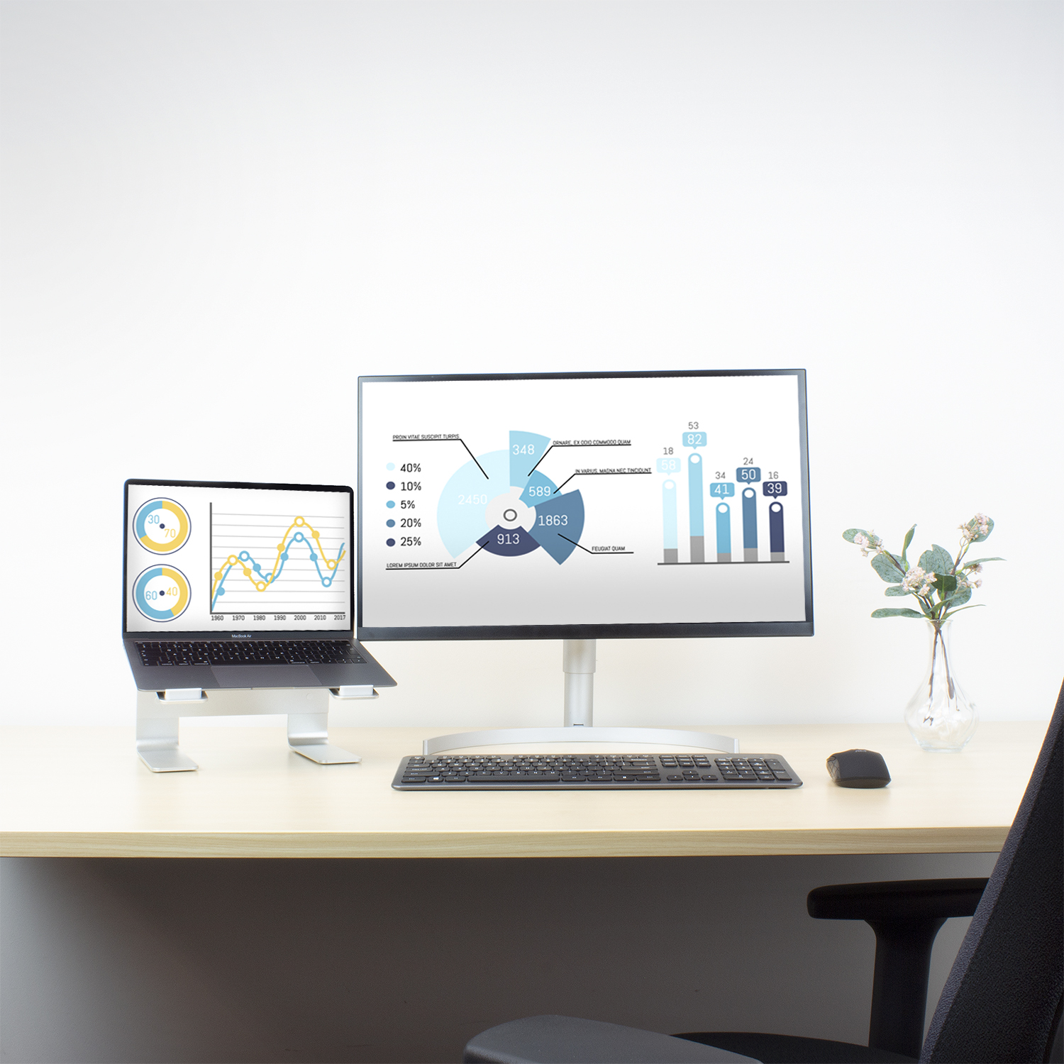 Laptop and monitor displaying data on a desk with a vase of plants.