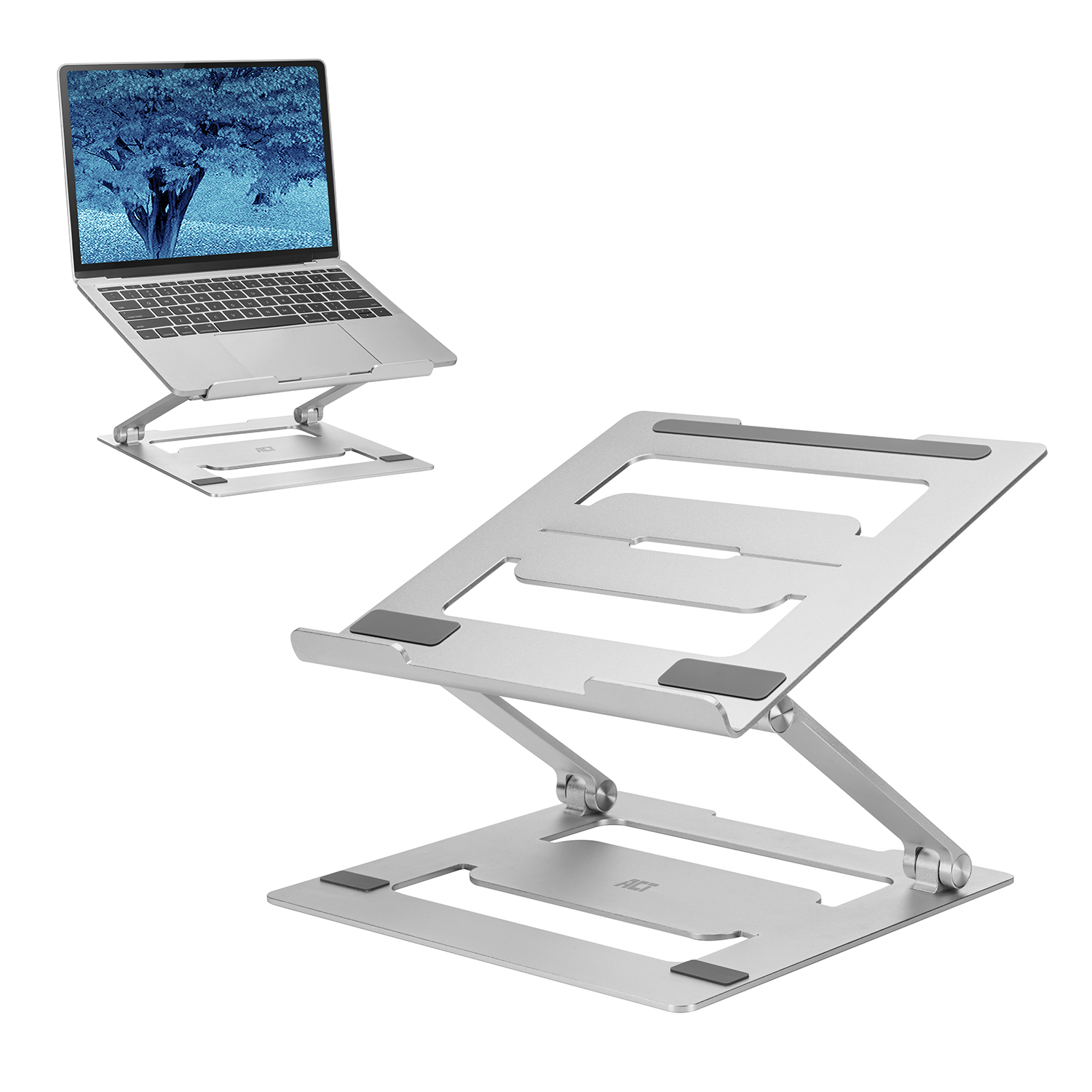 Silver laptop stand with laptop on top, another one disassembled, white background.
