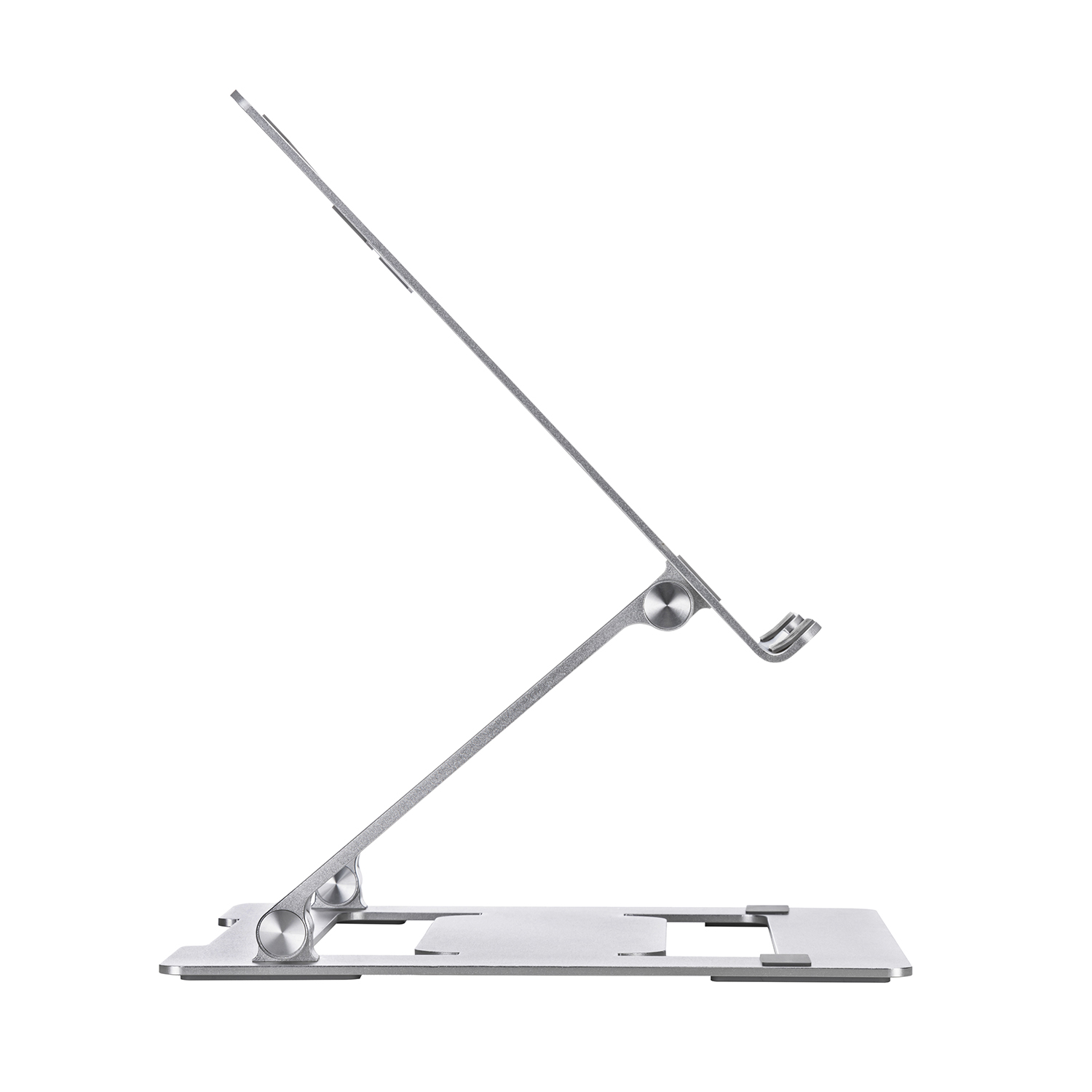 Silver laptop stand, side view, angled upwards, with adjustable joints and a flat base.