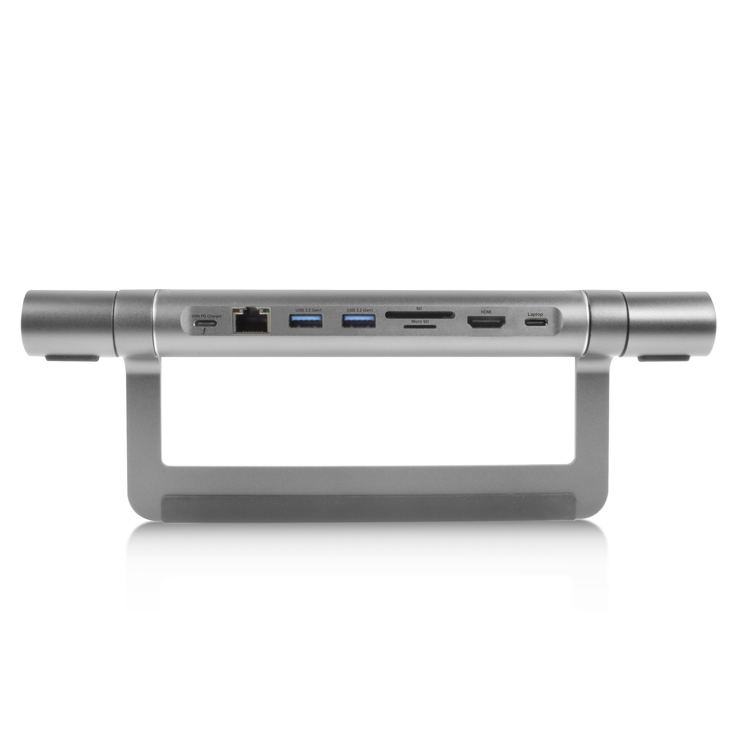 A silver device with ports for USB, HDMI, and more. It sits on a white surface.