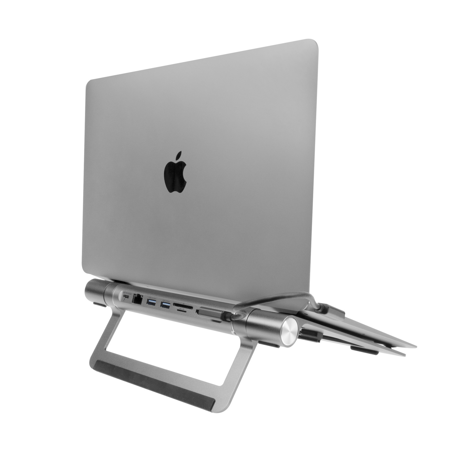Silver laptop on a silver stand. The Apple logo is visible.