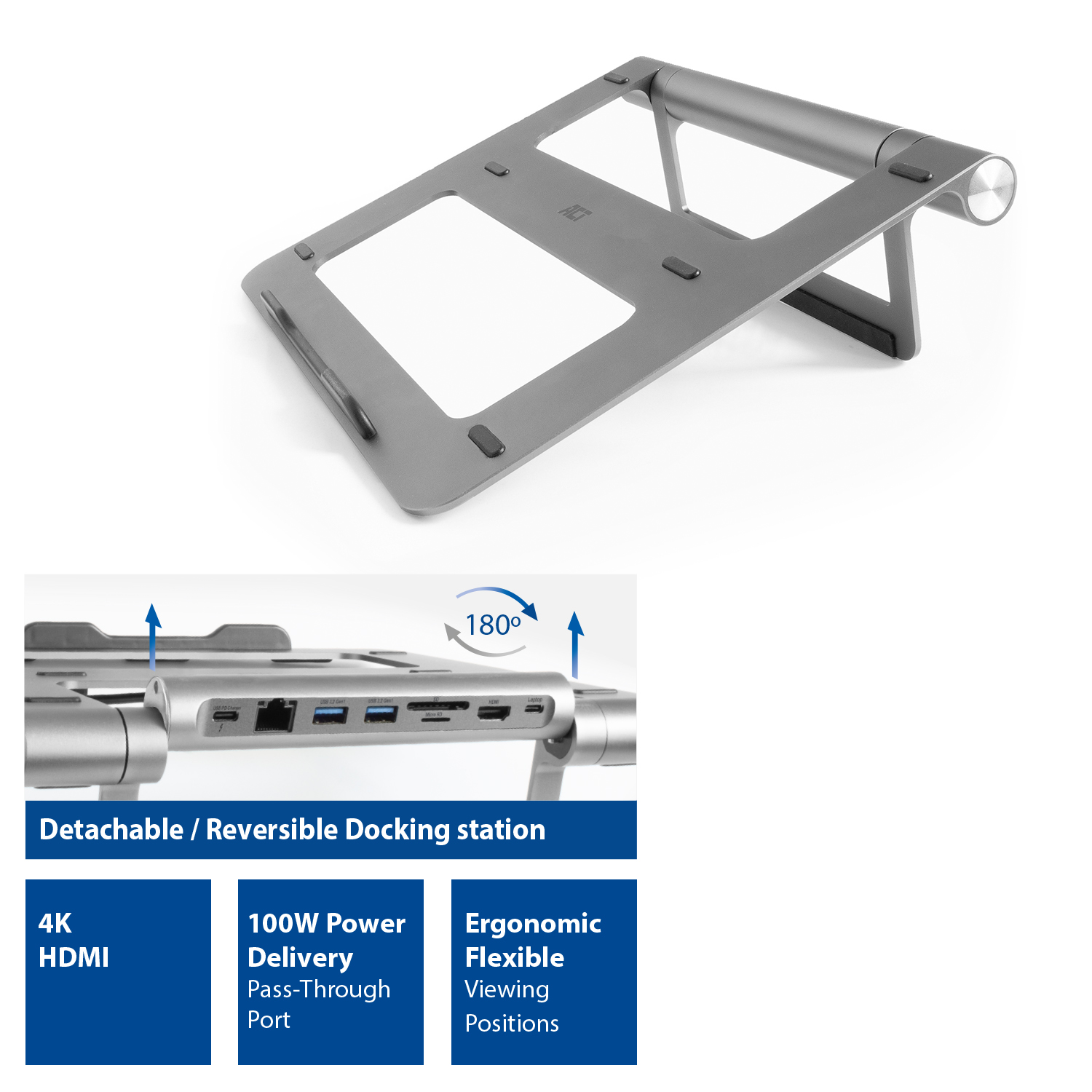 Silver laptop stand. Features include 4K HDMI, 100W power, and ergonomic flexible viewing positions.