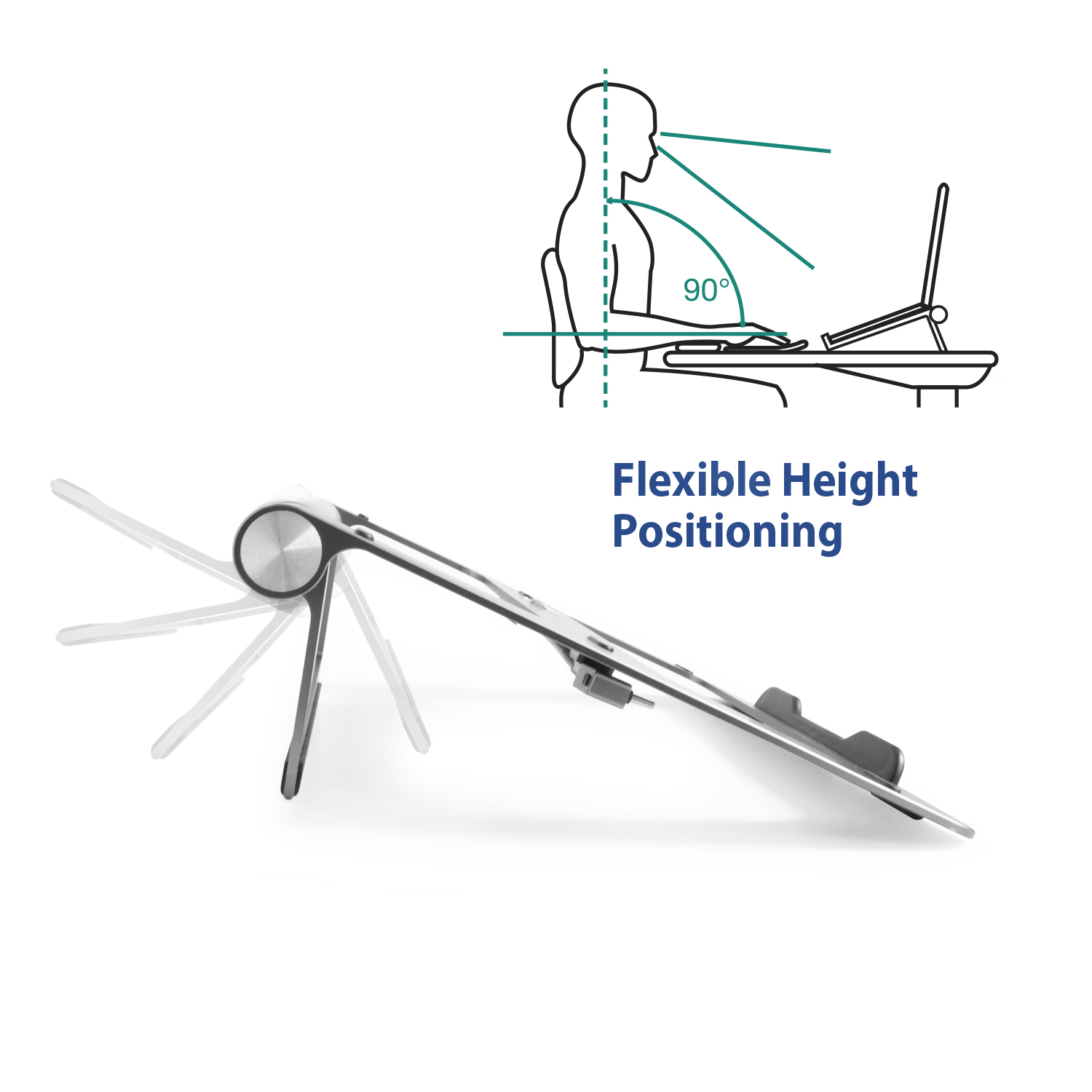 Diagram showing the ergonomic positioning of a person using a laptop on a stand.