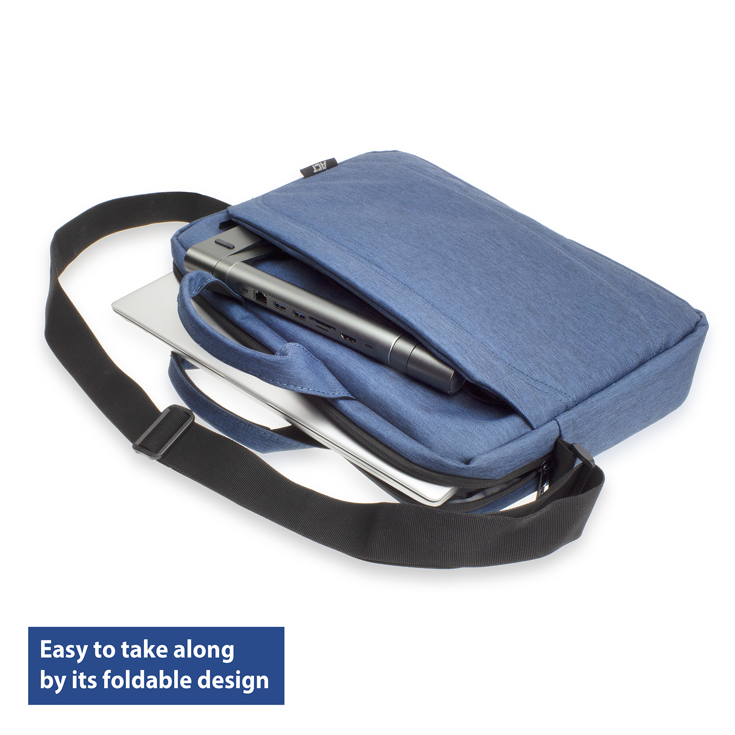 Blue laptop bag, open, showing a laptop and a silver device inside. Text: Easy to take along.