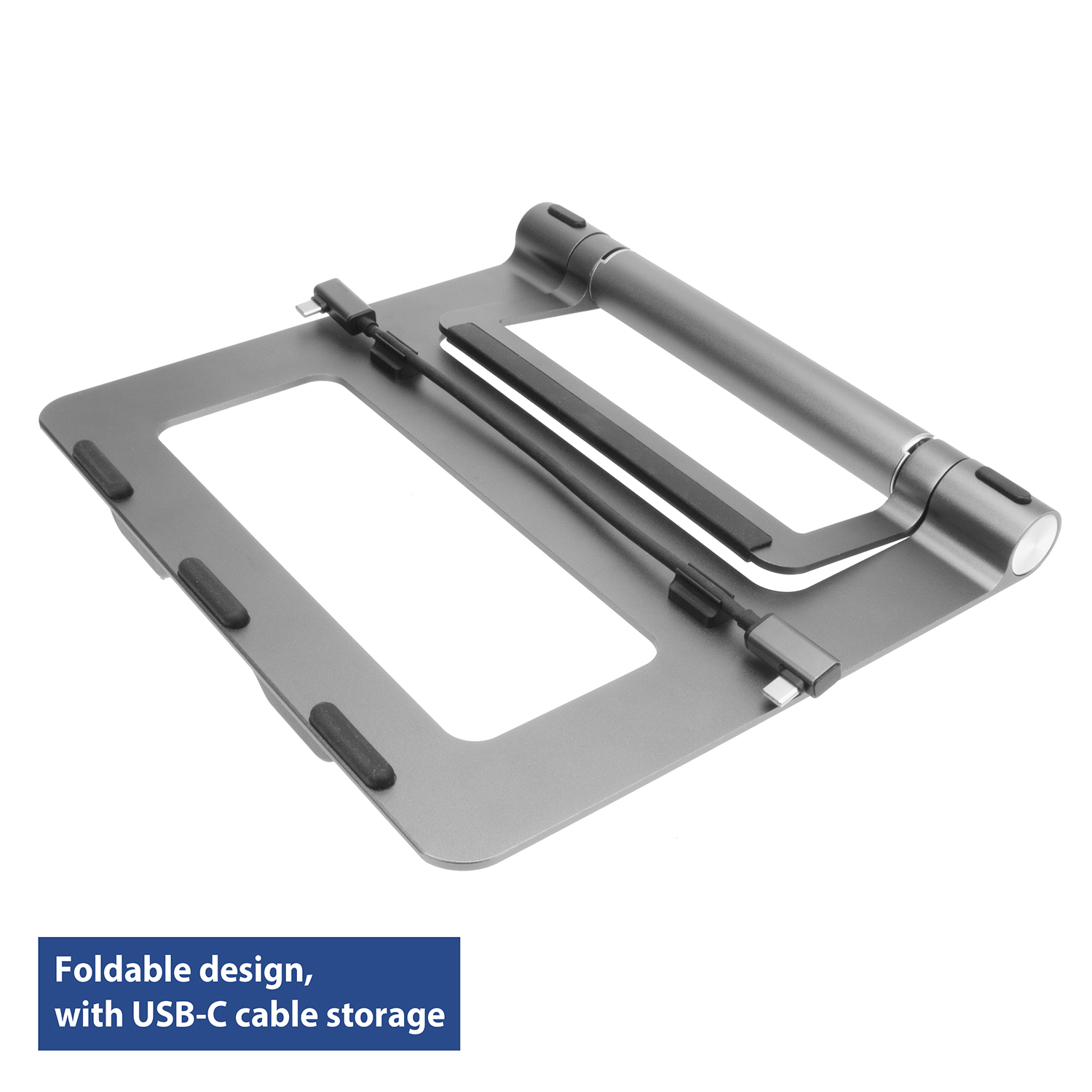 Foldable laptop stand. Gray metal with USB-C cable storage. White background.