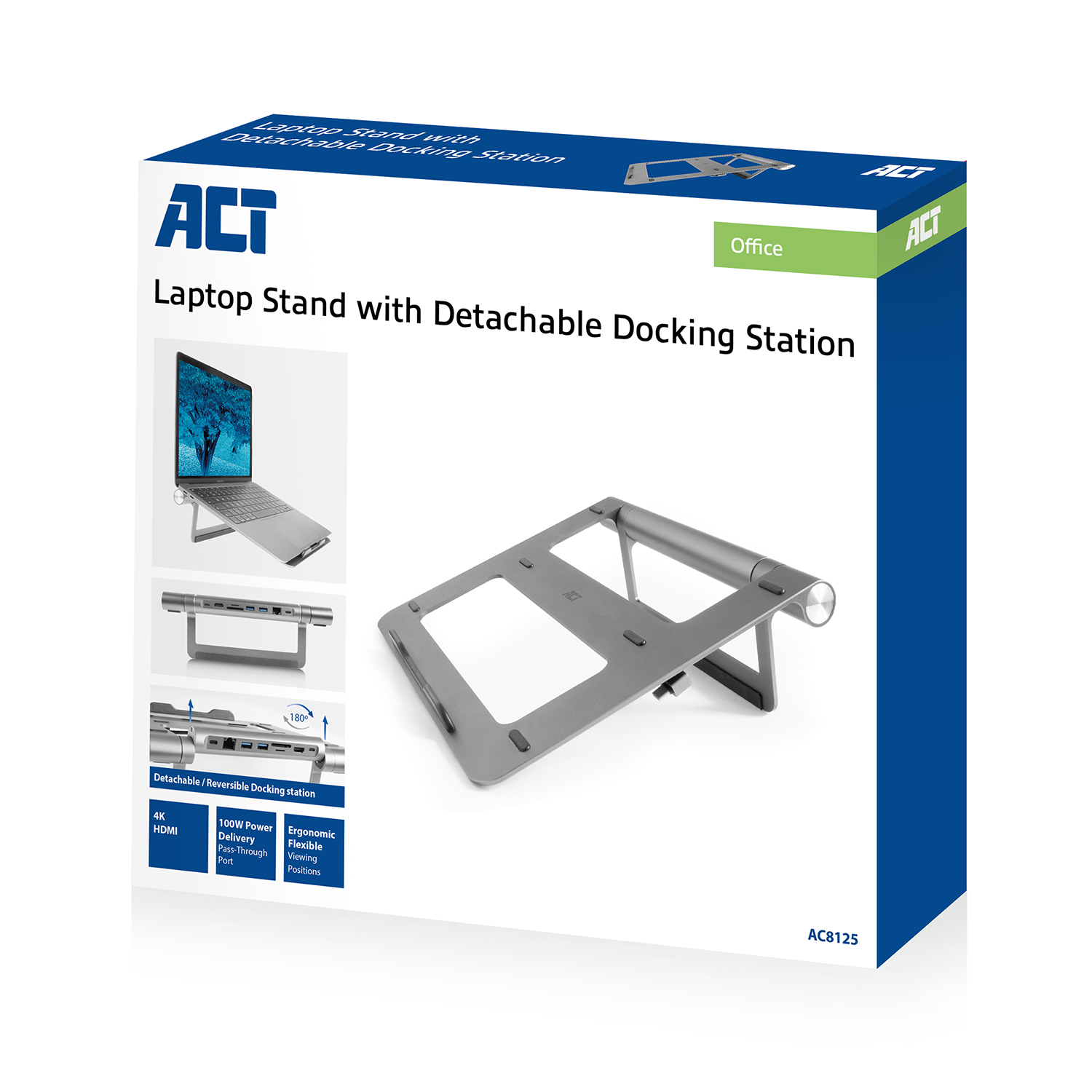 Box for a laptop stand with a detachable docking station. Includes images of the stand and station.
