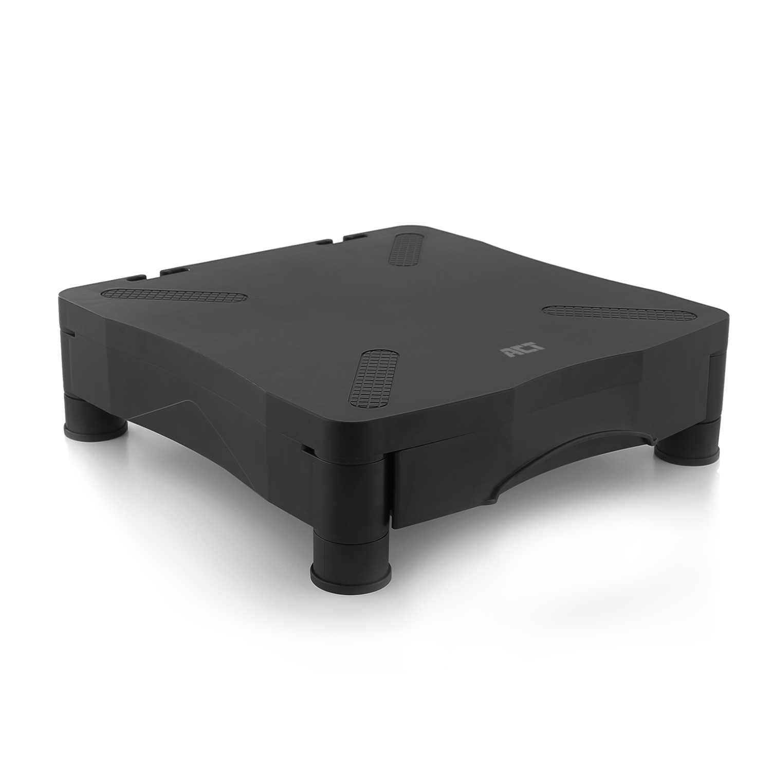 A black stand is shown. It has four legs and a flat top with a curved front. The background is white.
