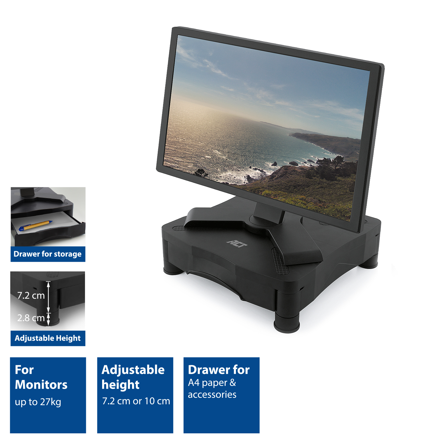 Black monitor stand with monitor displaying a coastal scene; info panels below.