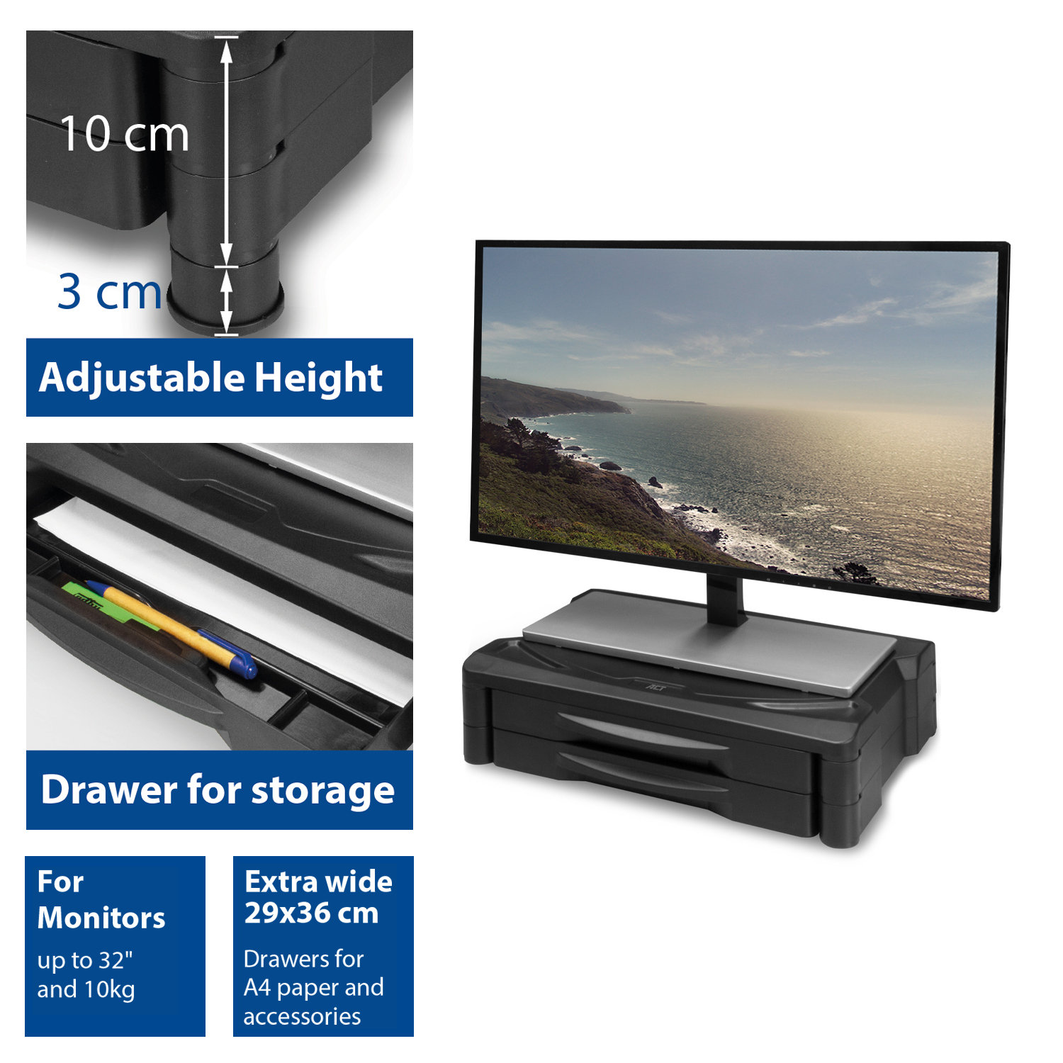 Black monitor stand with drawer and a monitor. Text indicates dimensions and features.