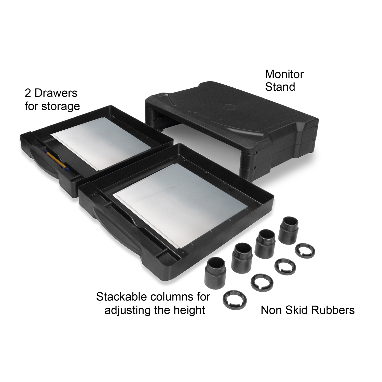 Black monitor stand with drawers and stackable columns for height adjustment.