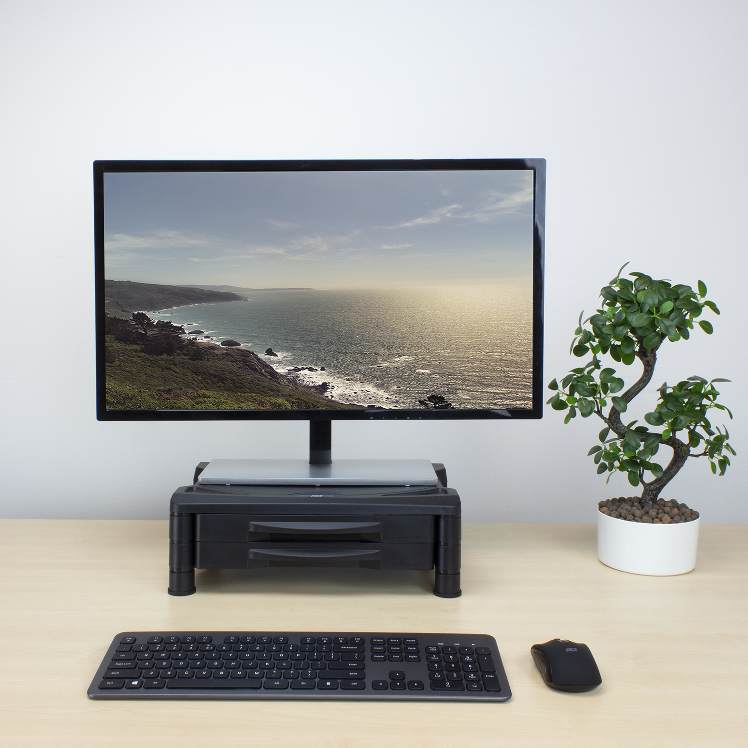 Monitor on stand displaying a landscape. Keyboard, mouse, and small plant are present.