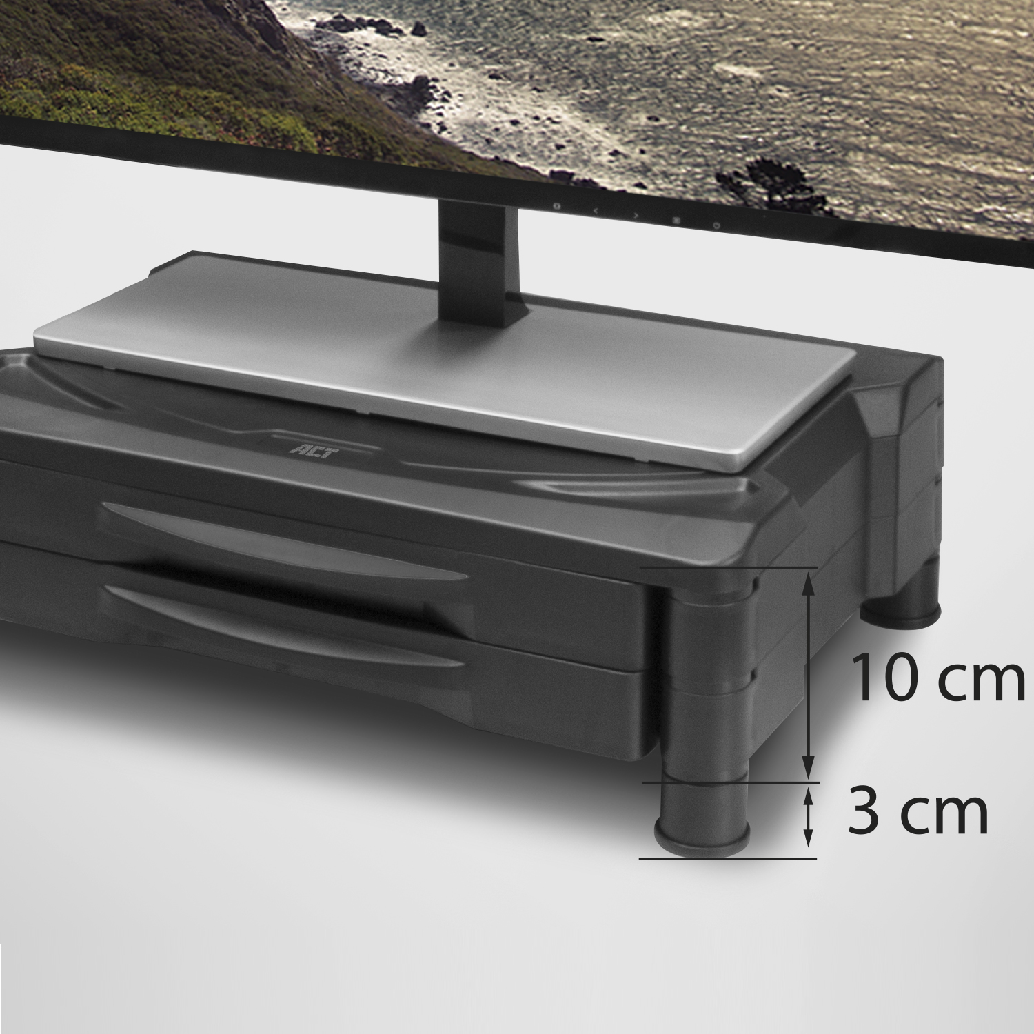 Monitor stand with a drawer and 10 cm height.